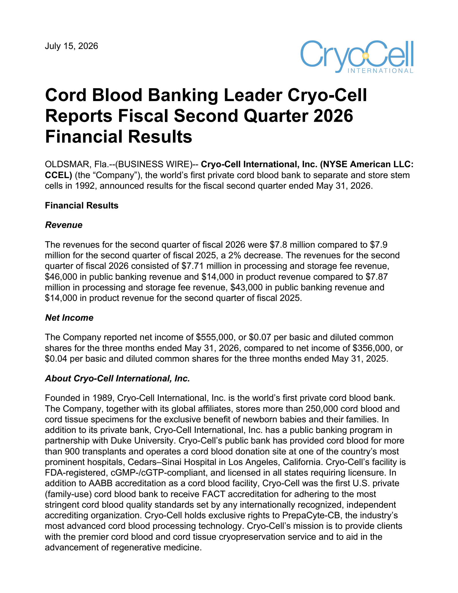 Cryo-Cell International's Q2 2026 Press Release