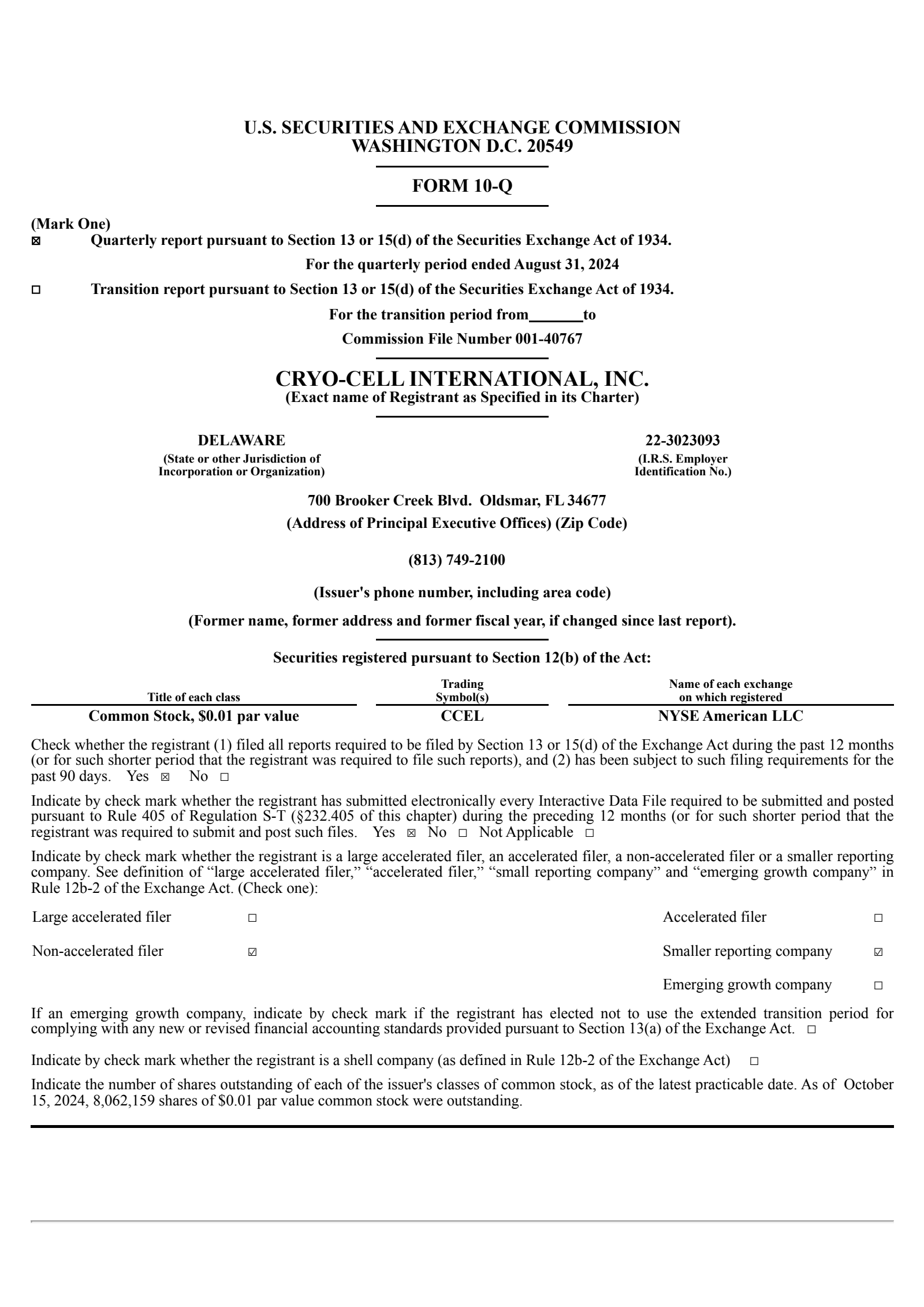 Cryo-Cell International's Q3 2024 Quarterly report