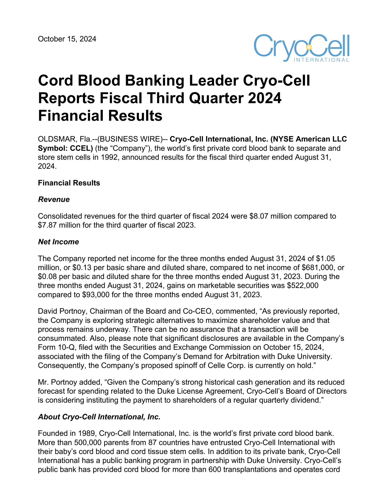 Cryo-Cell International's Q3 2024 Press Release