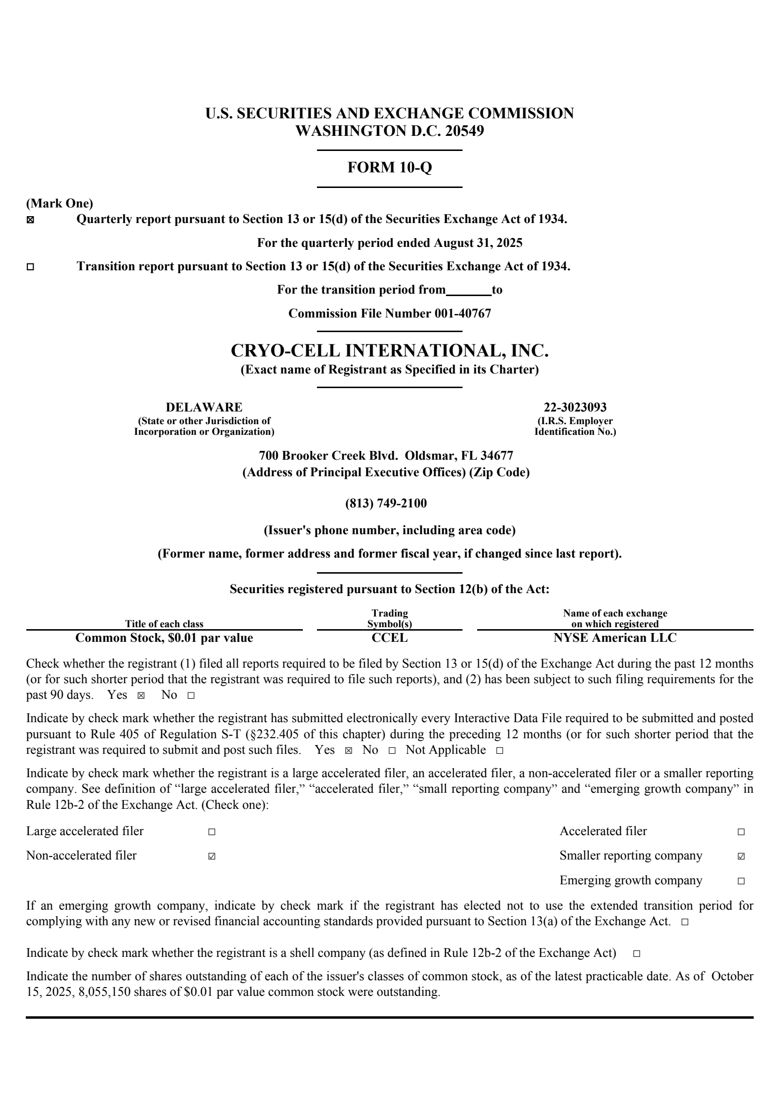 Cryo-Cell International's Q3 2025 Quarterly report