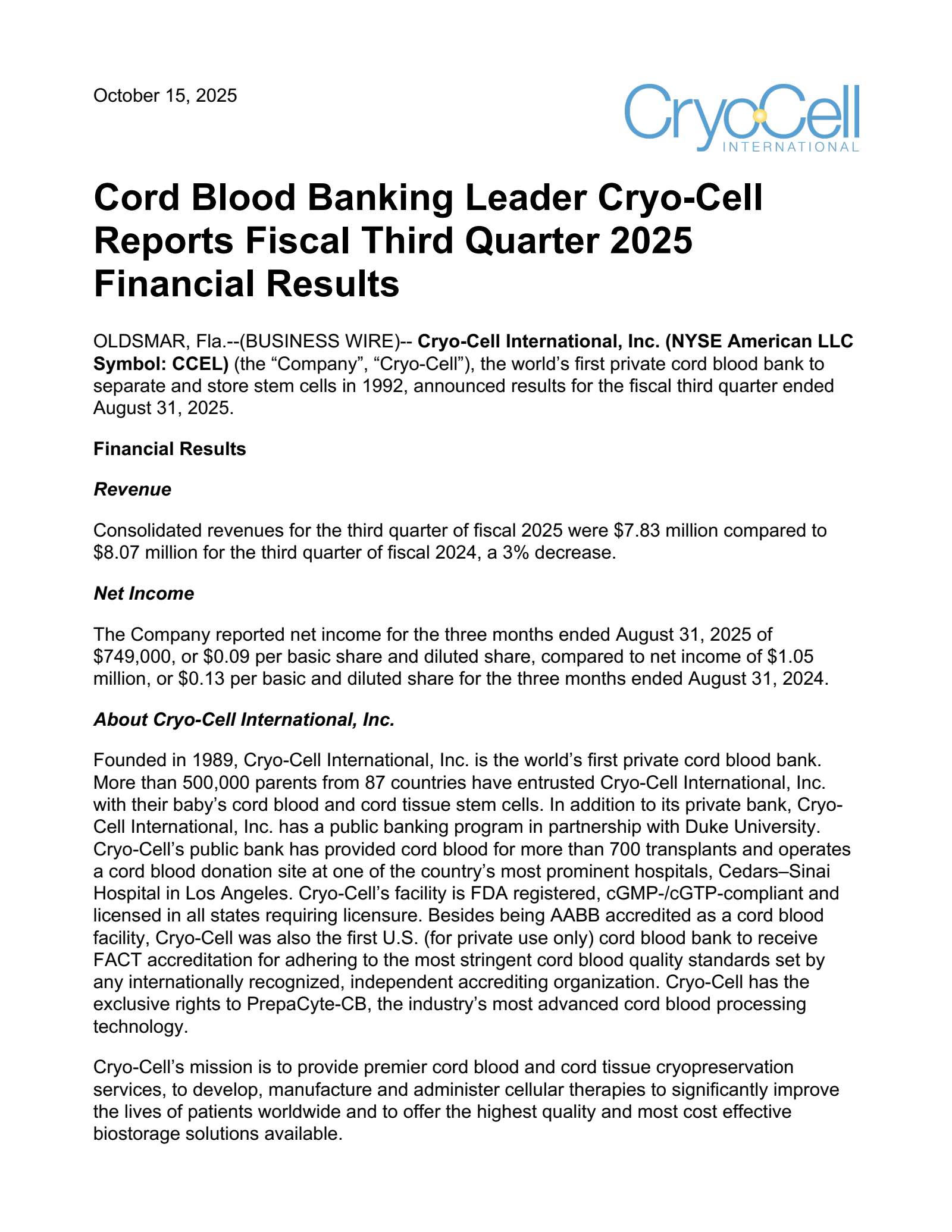 Cryo-Cell International's Q3 2025 Press Release