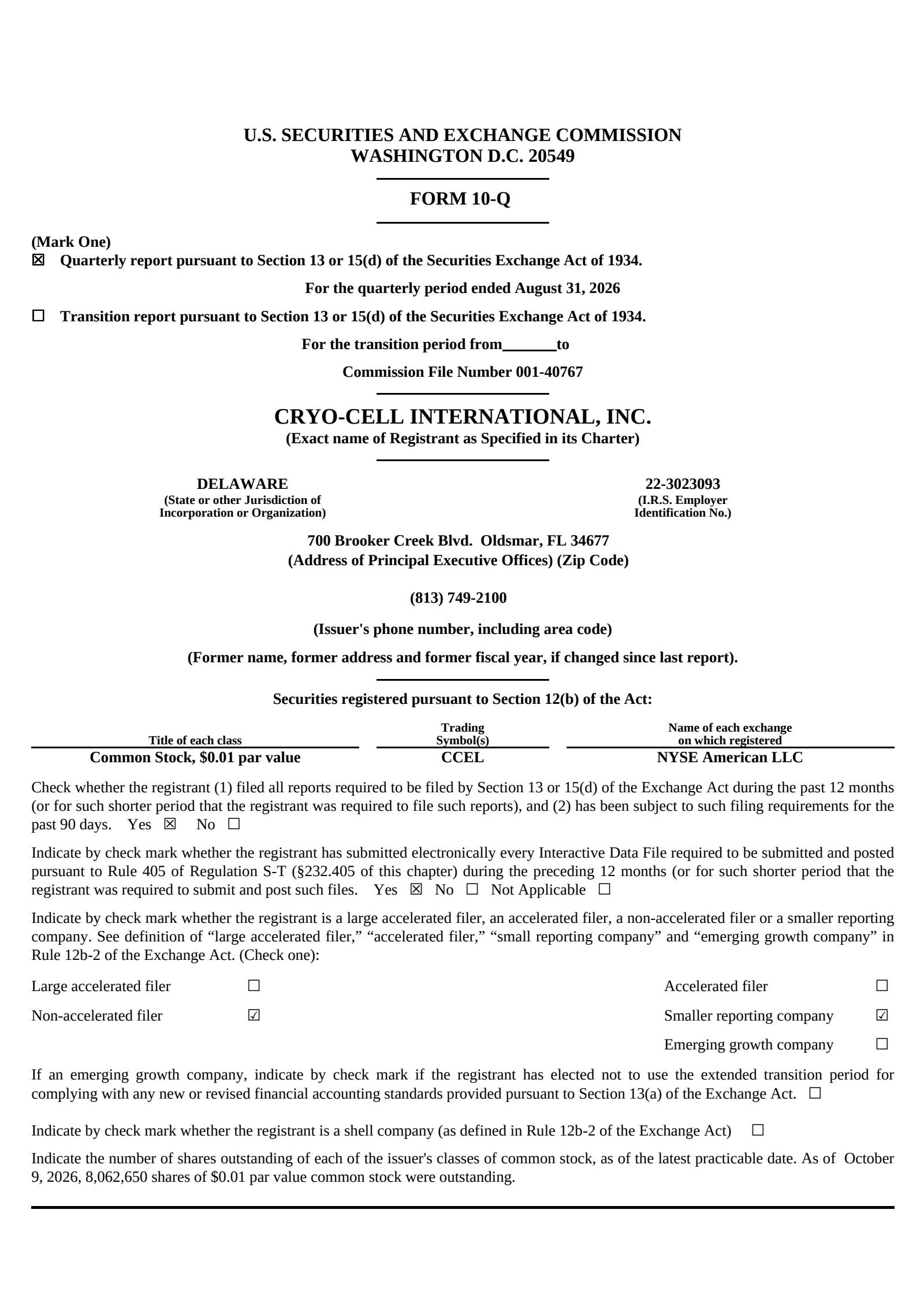 Cryo-Cell International (CCEL) Q3 2026 Earnings Results & Report
