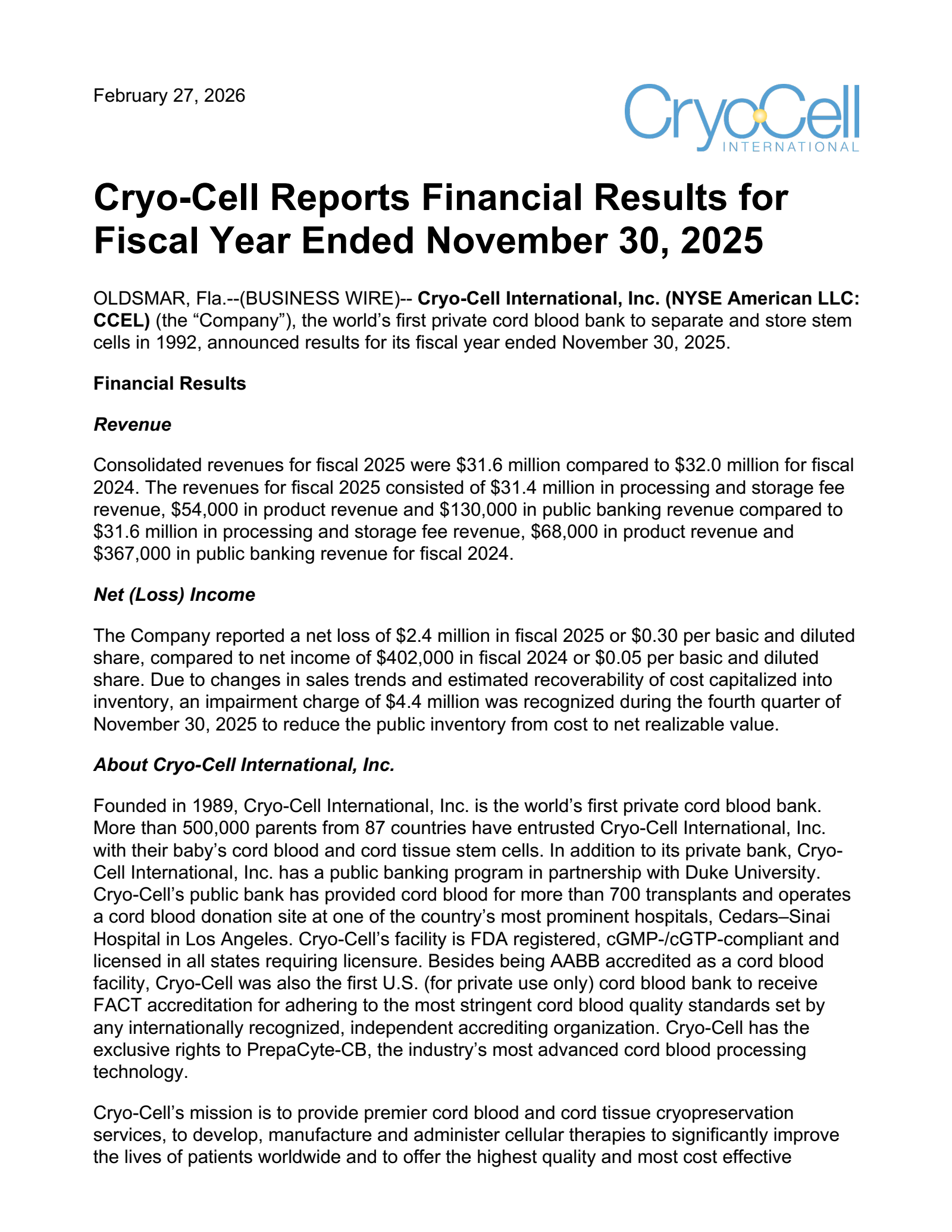 Cryo-Cell International's Q4 2025 Press Release