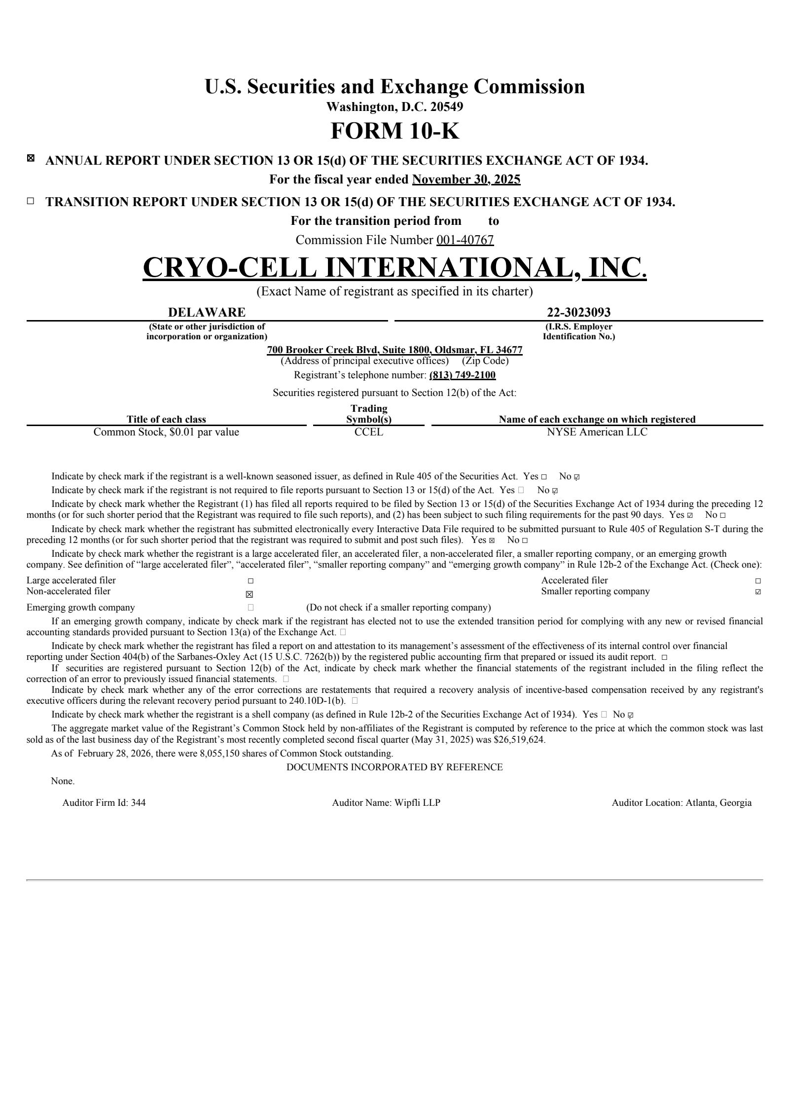 Cryo-Cell International's Q4 2025 Annual report