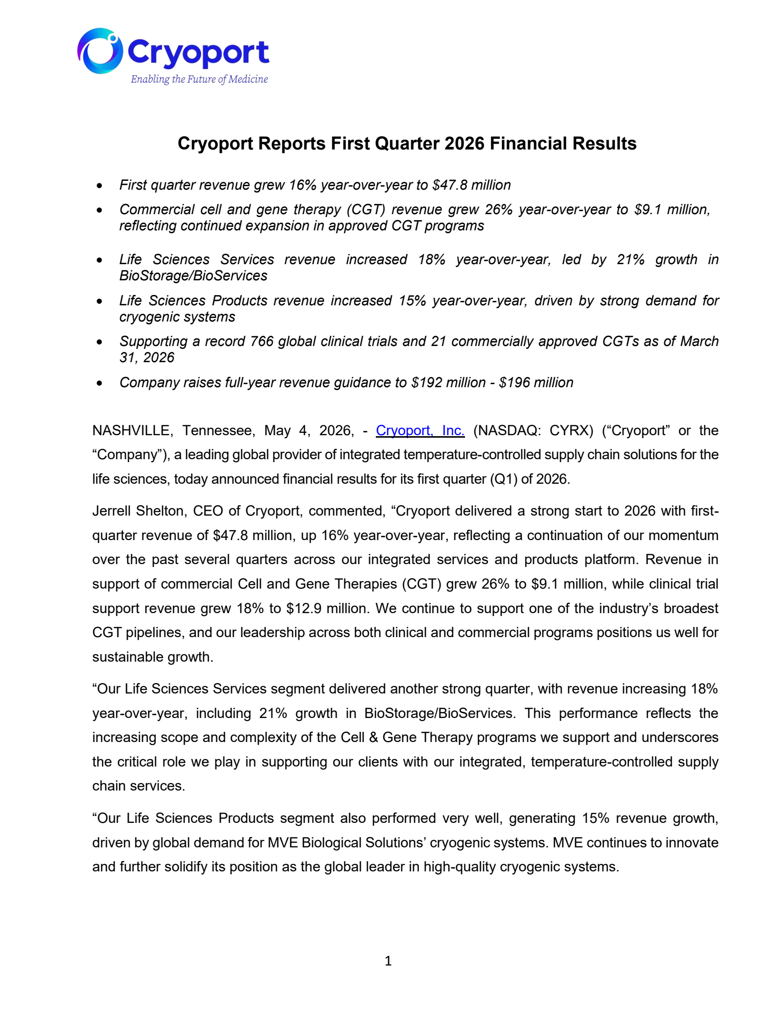 CryoPort's Q1 2026 Press Release