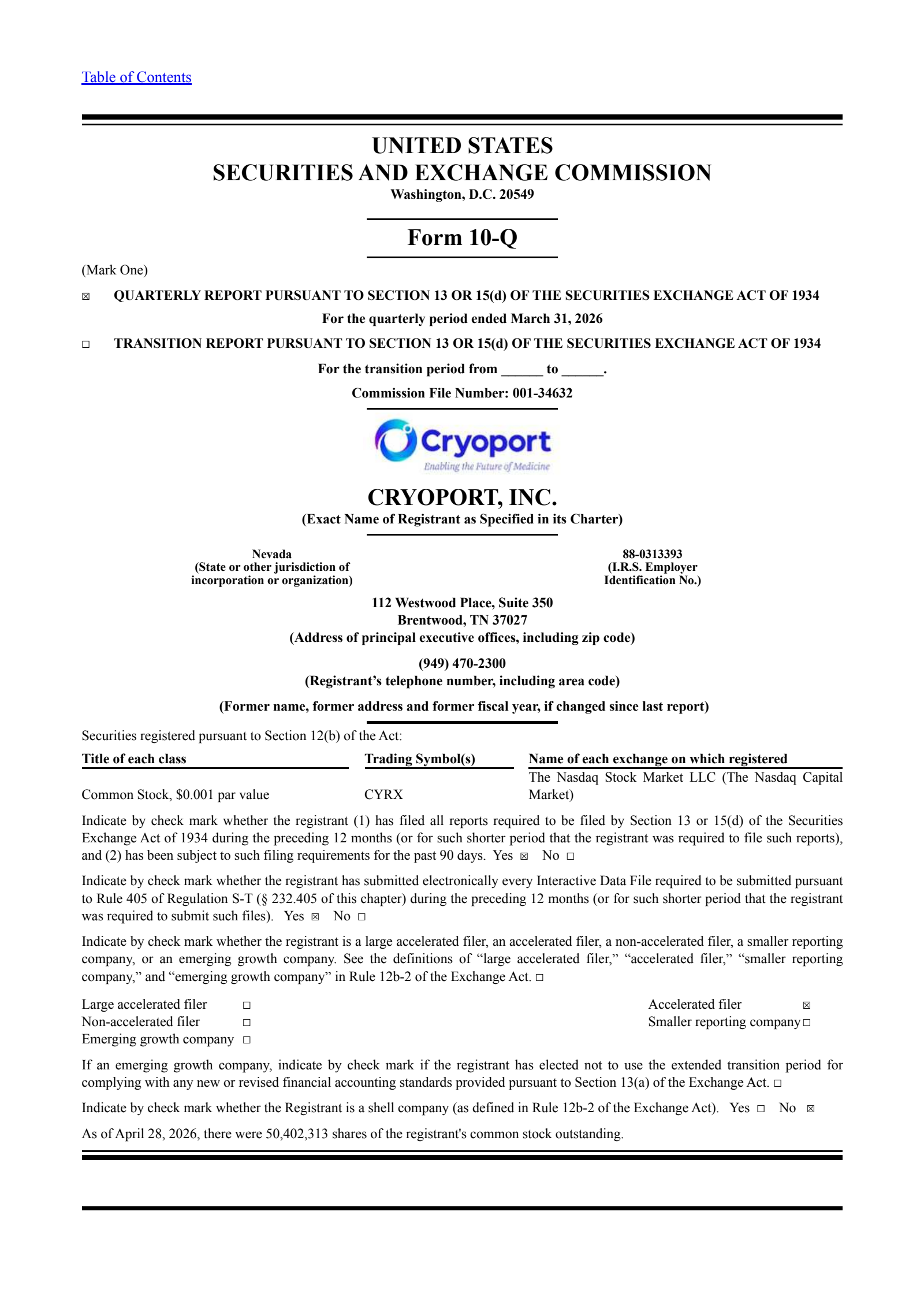 CryoPort's Q1 2026 Quarterly report