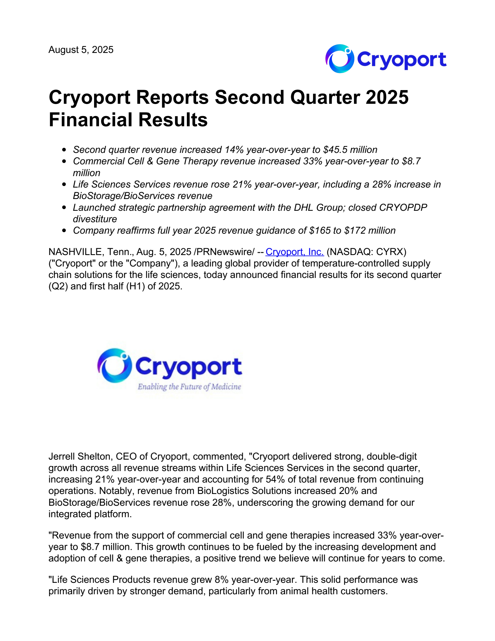 CryoPort's Q2 2025 Press Release