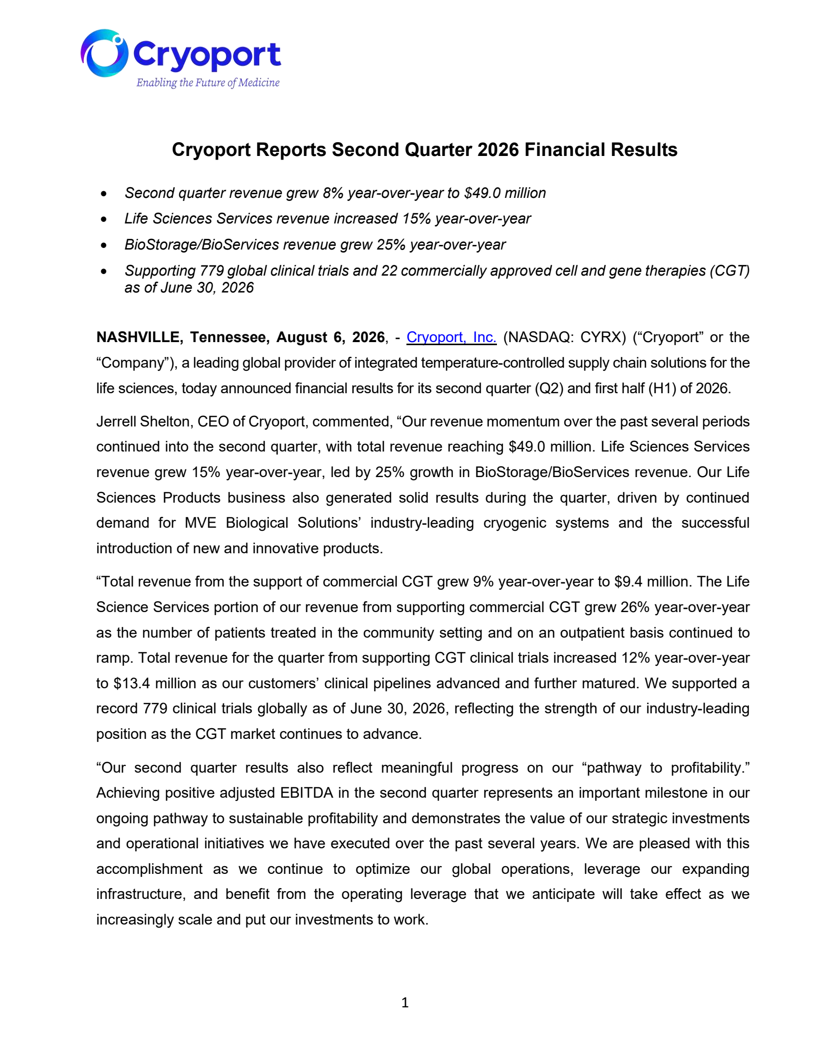 CryoPort's Q2 2026 Press Release