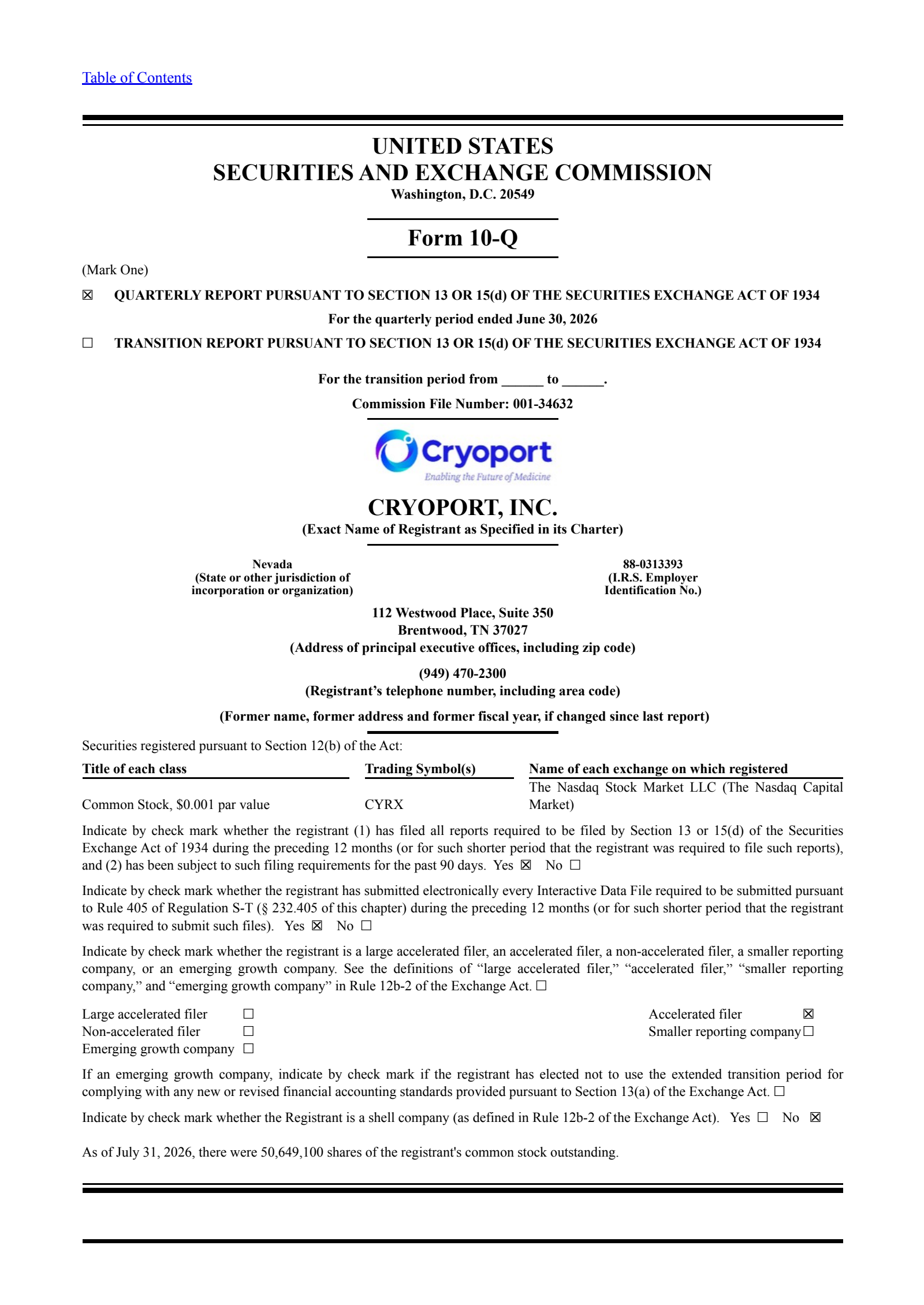 CryoPort's Q2 2026 Quarterly report