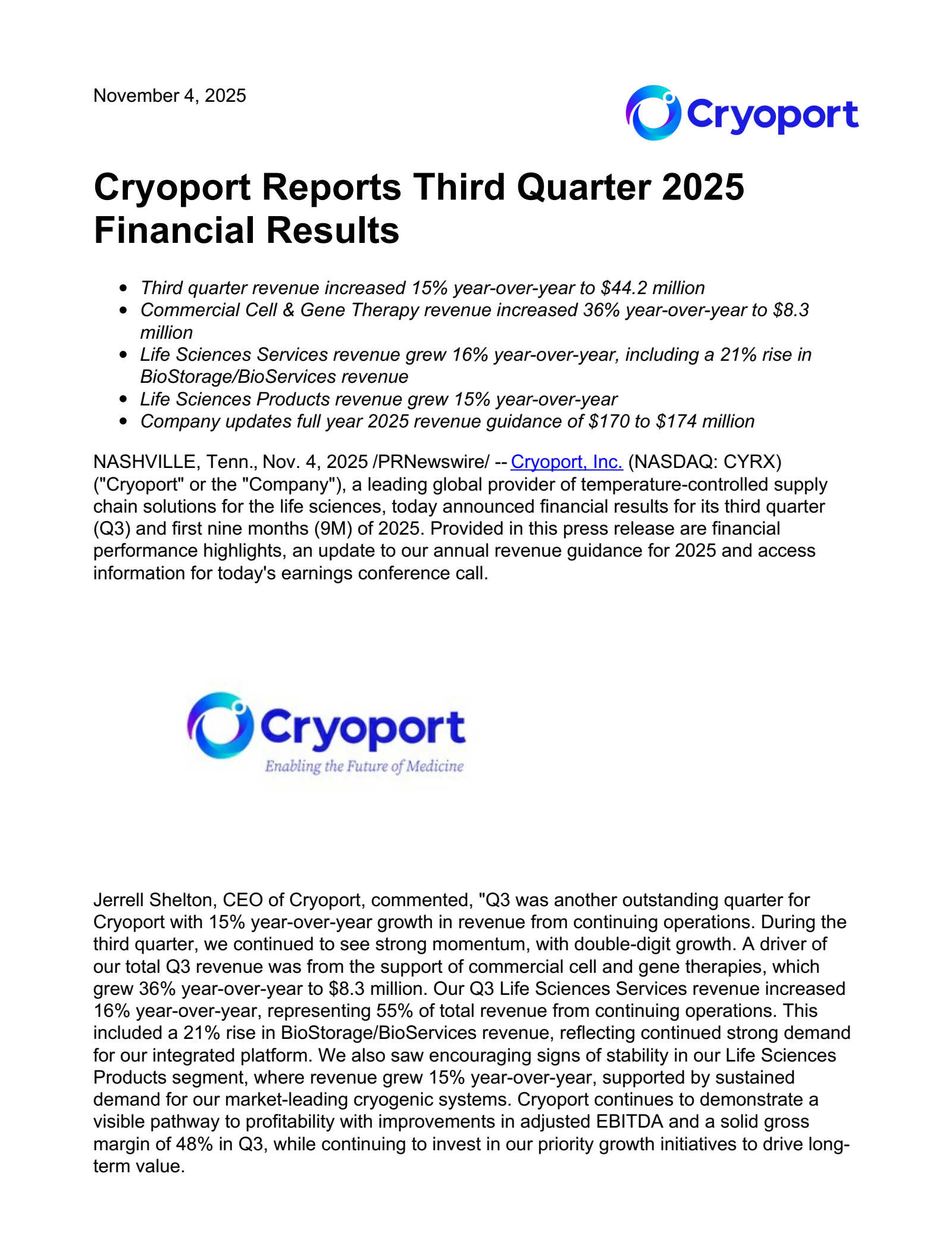 CryoPort's Q3 2025 Earnings Release