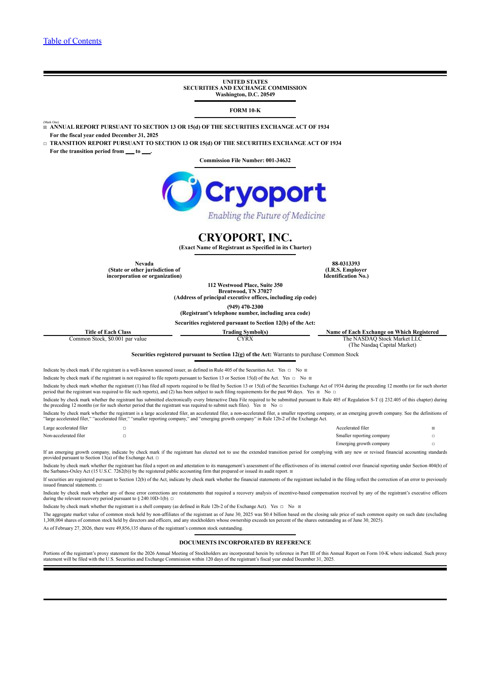 CryoPort's Q4 2025 Annual report