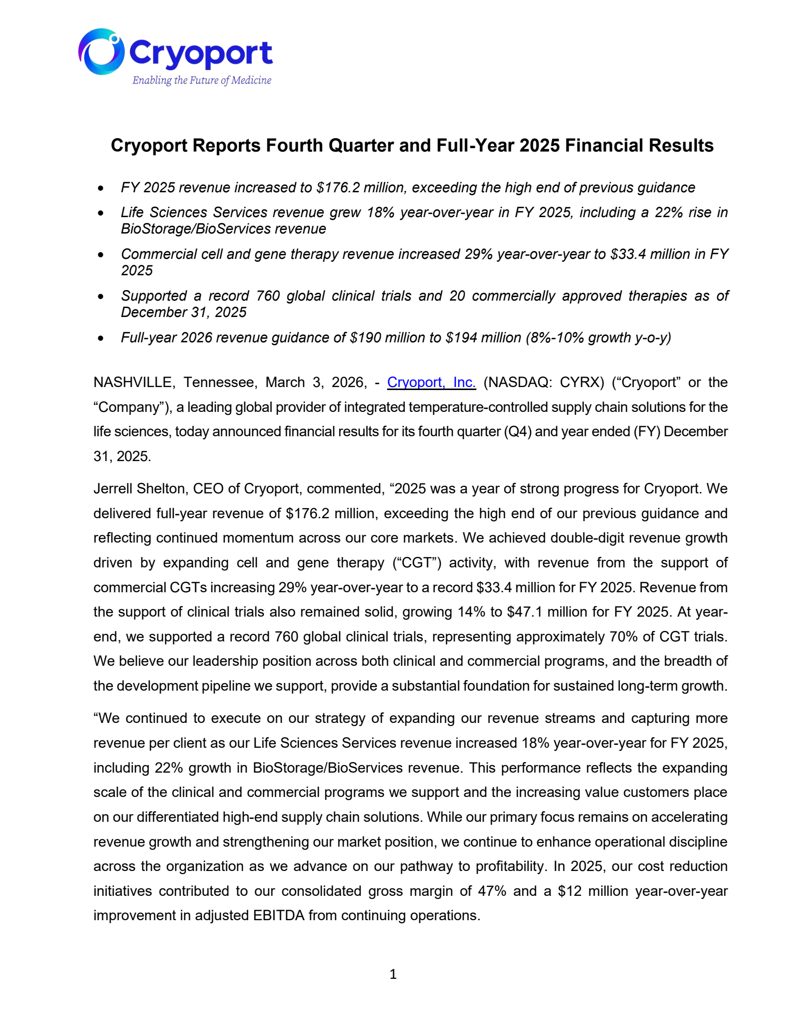 CryoPort's Q4 2025 Press Release