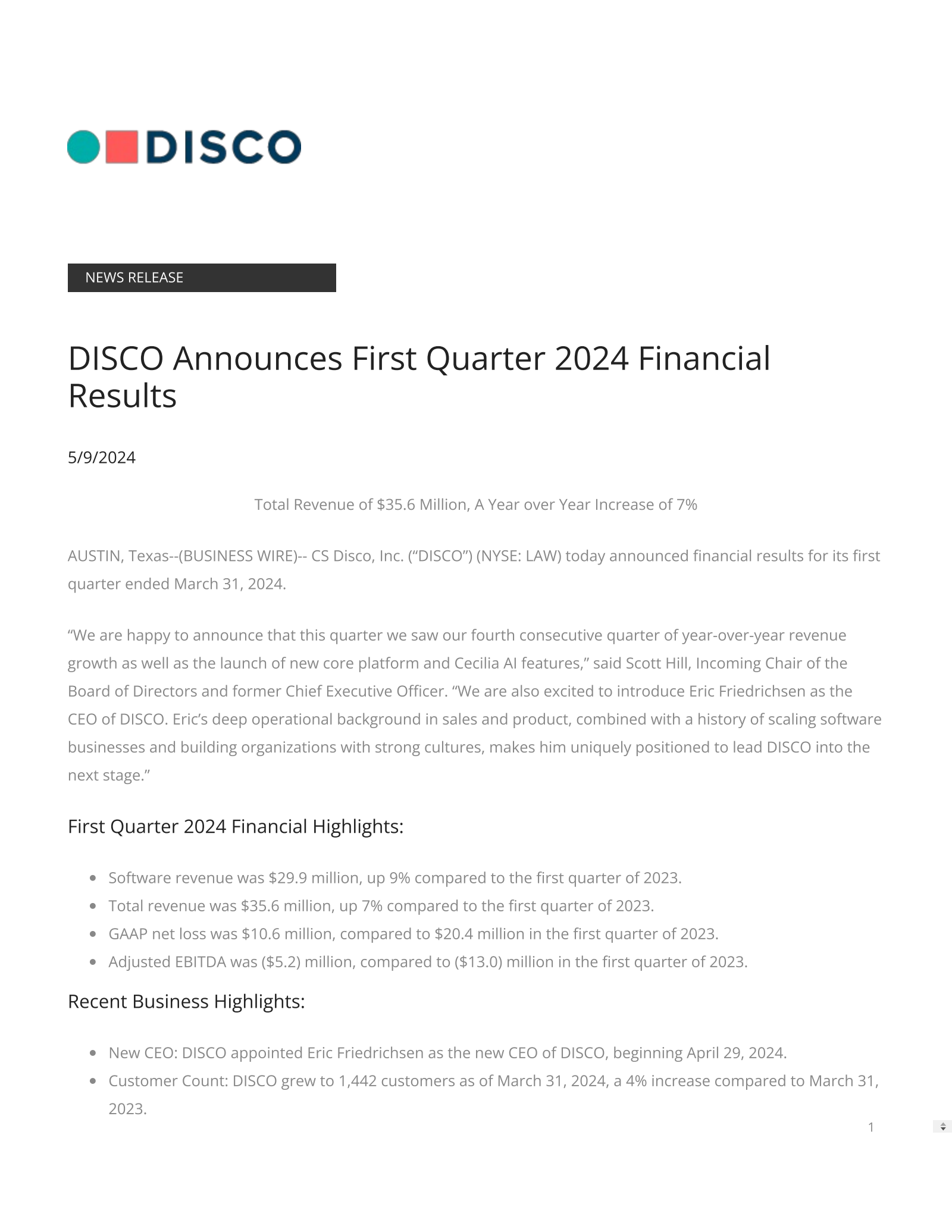 CS Disco's Q1 2024 Press Release