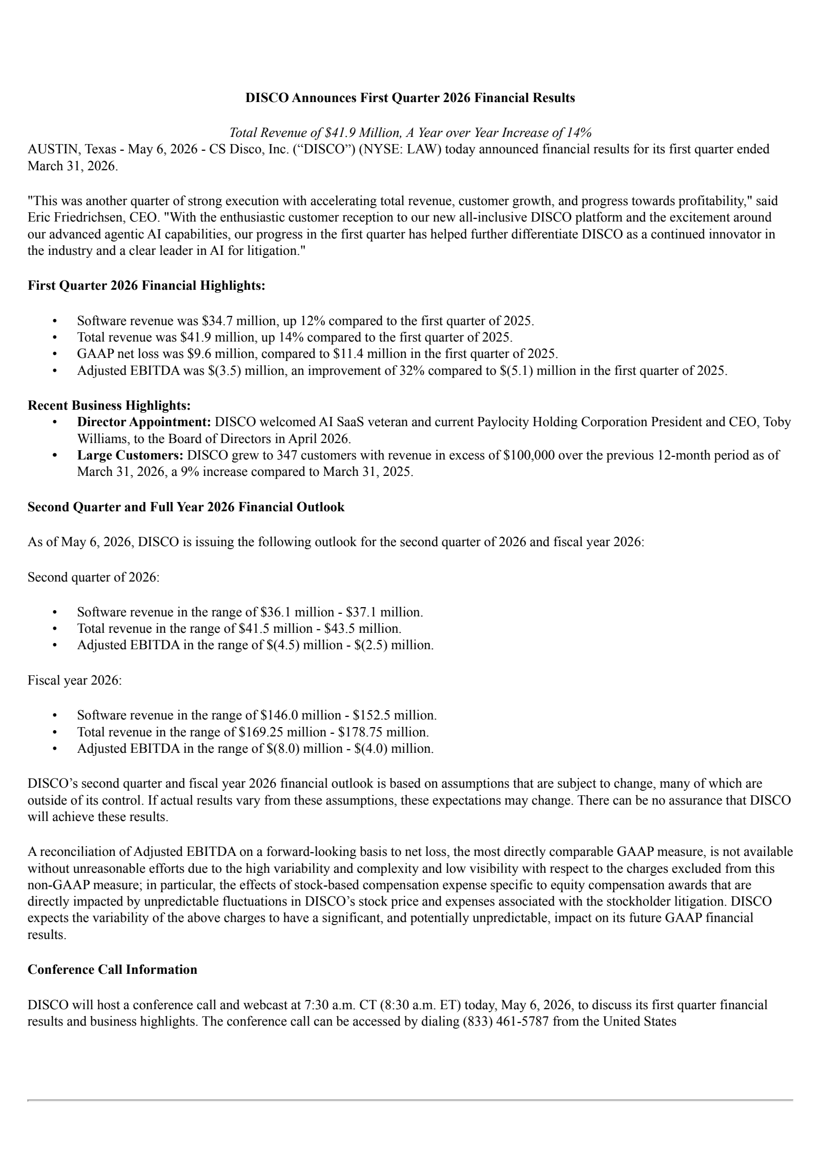 CS Disco's Q1 2026 Press Release