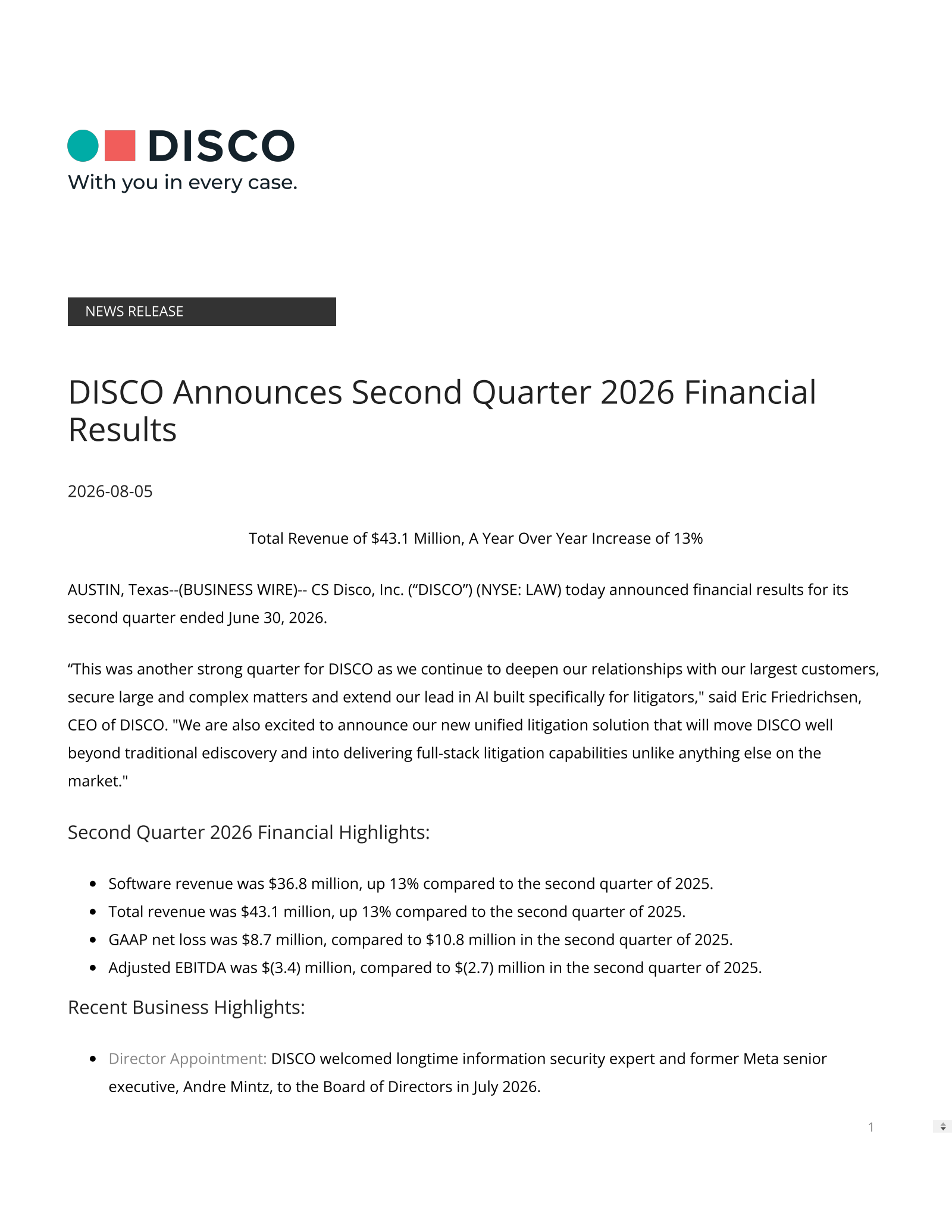 CS Disco's Q2 2026 Press Release