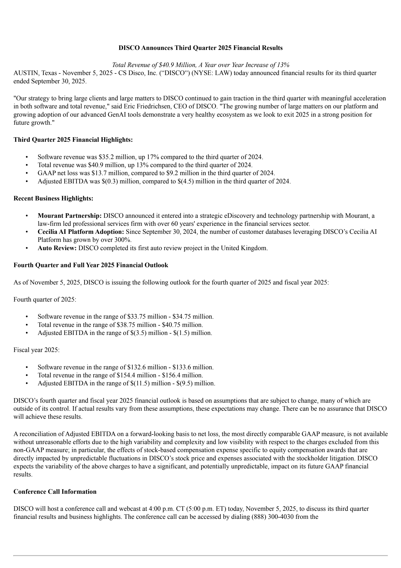 CS Disco's Q3 2025 Earnings Release