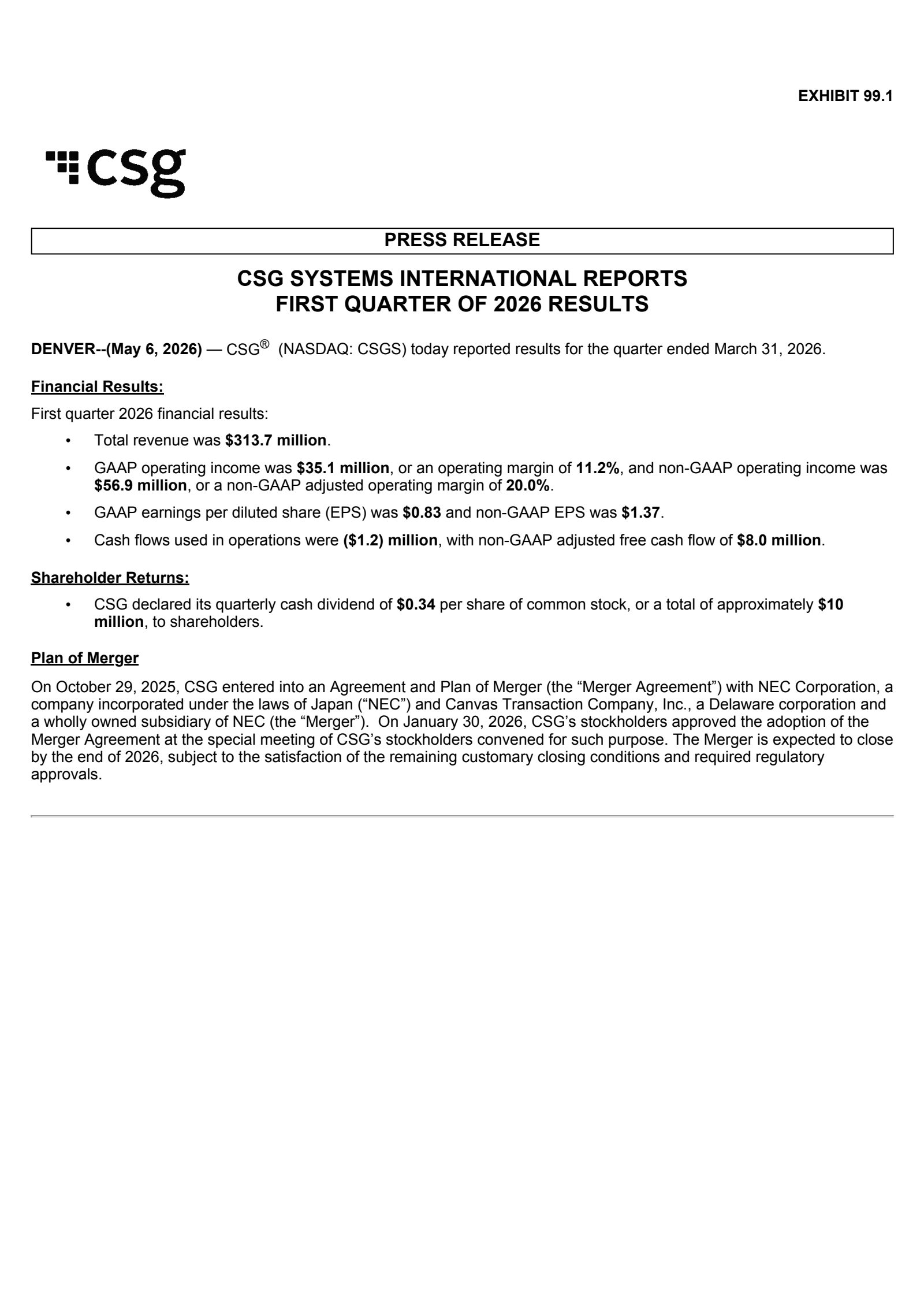 CSG Systems International's Q1 2026 Press Release