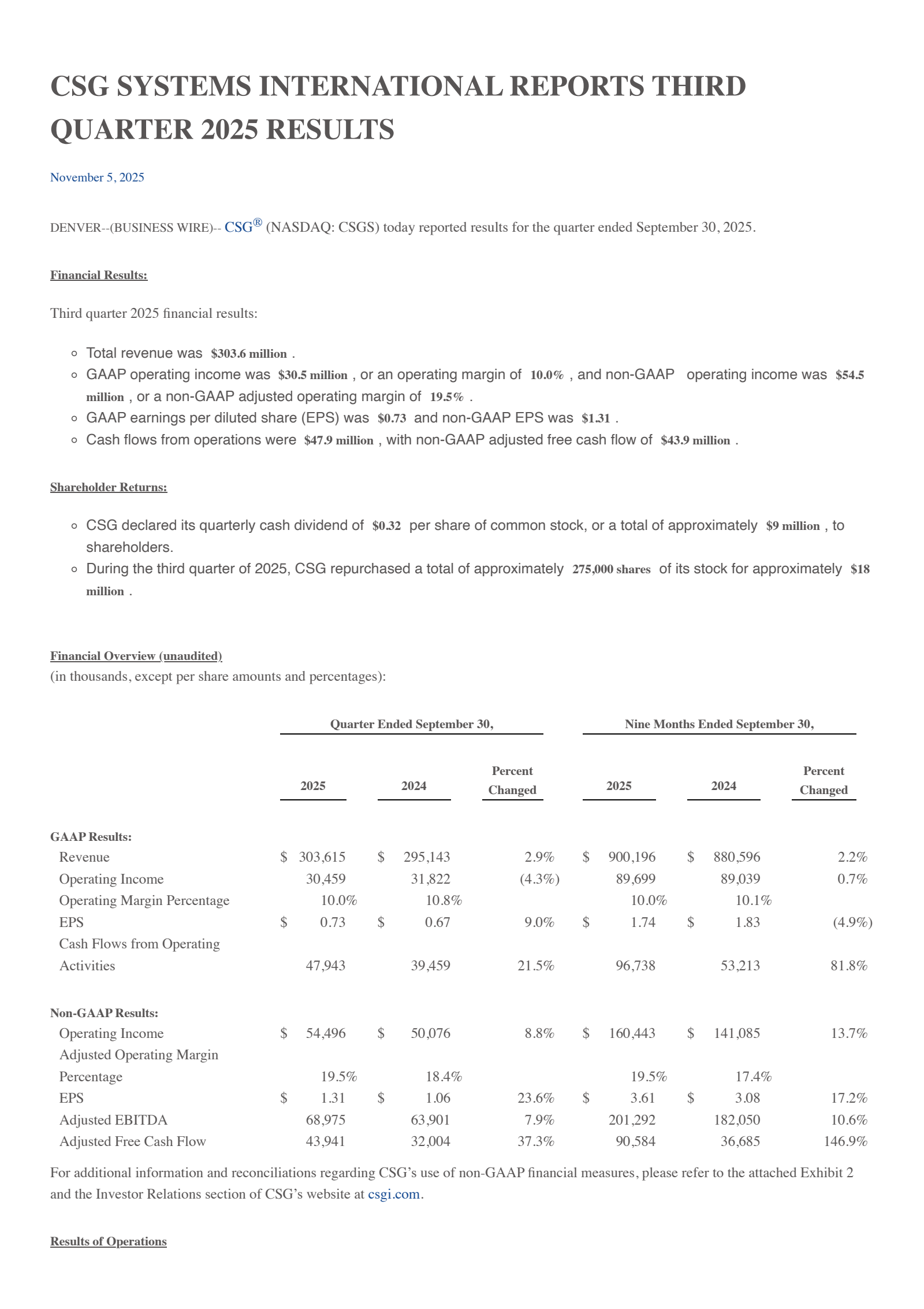 CSG Systems International's Q3 2025 Earnings Release