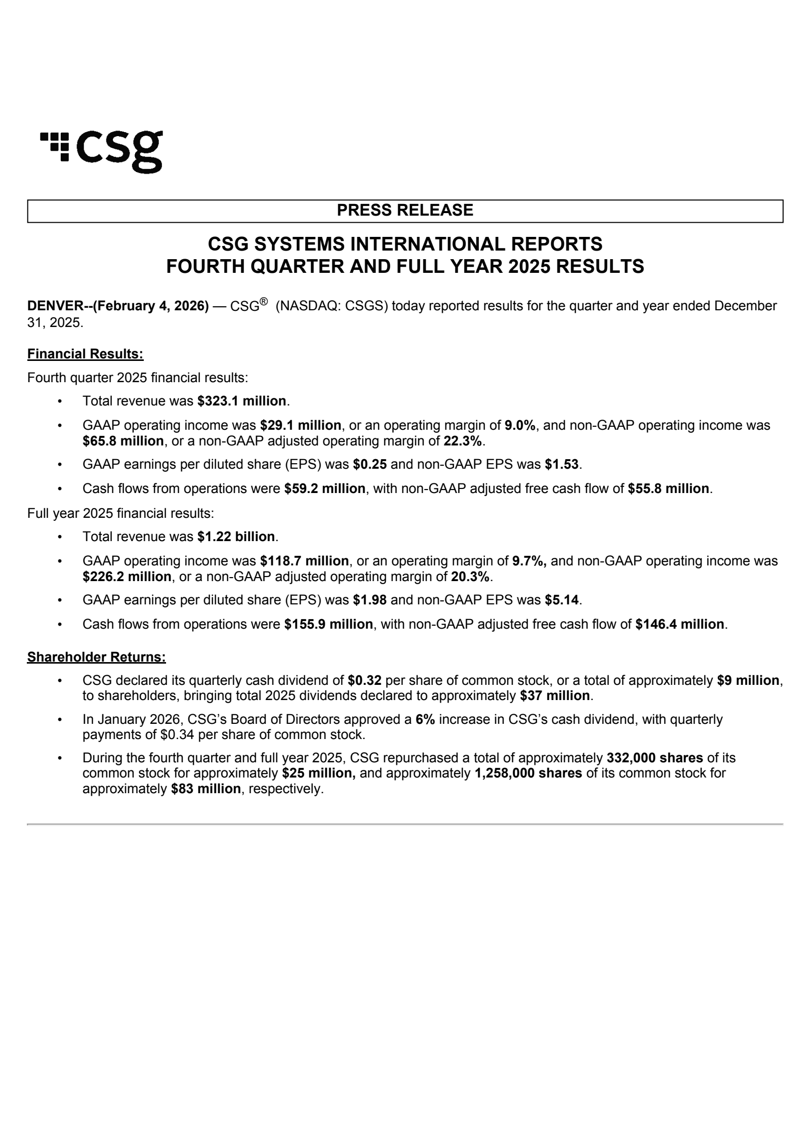 CSG Systems International's Q4 2025 Press Release