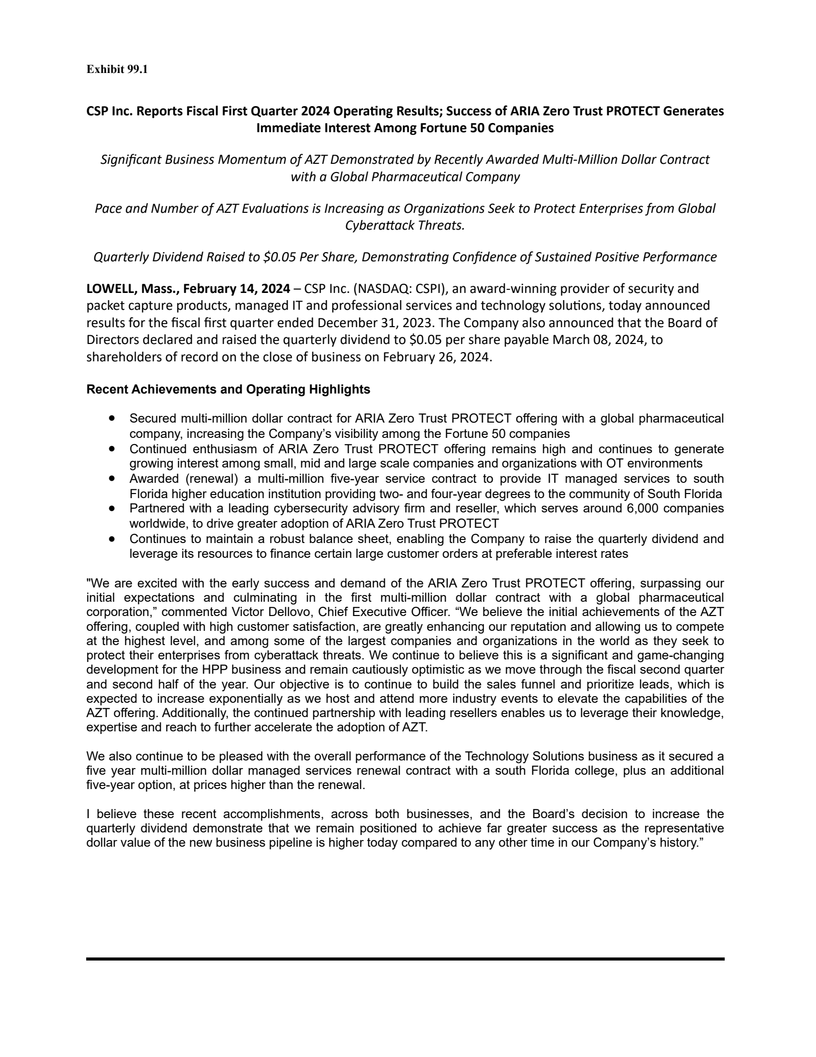 CSP's Q1 2024 Press Release