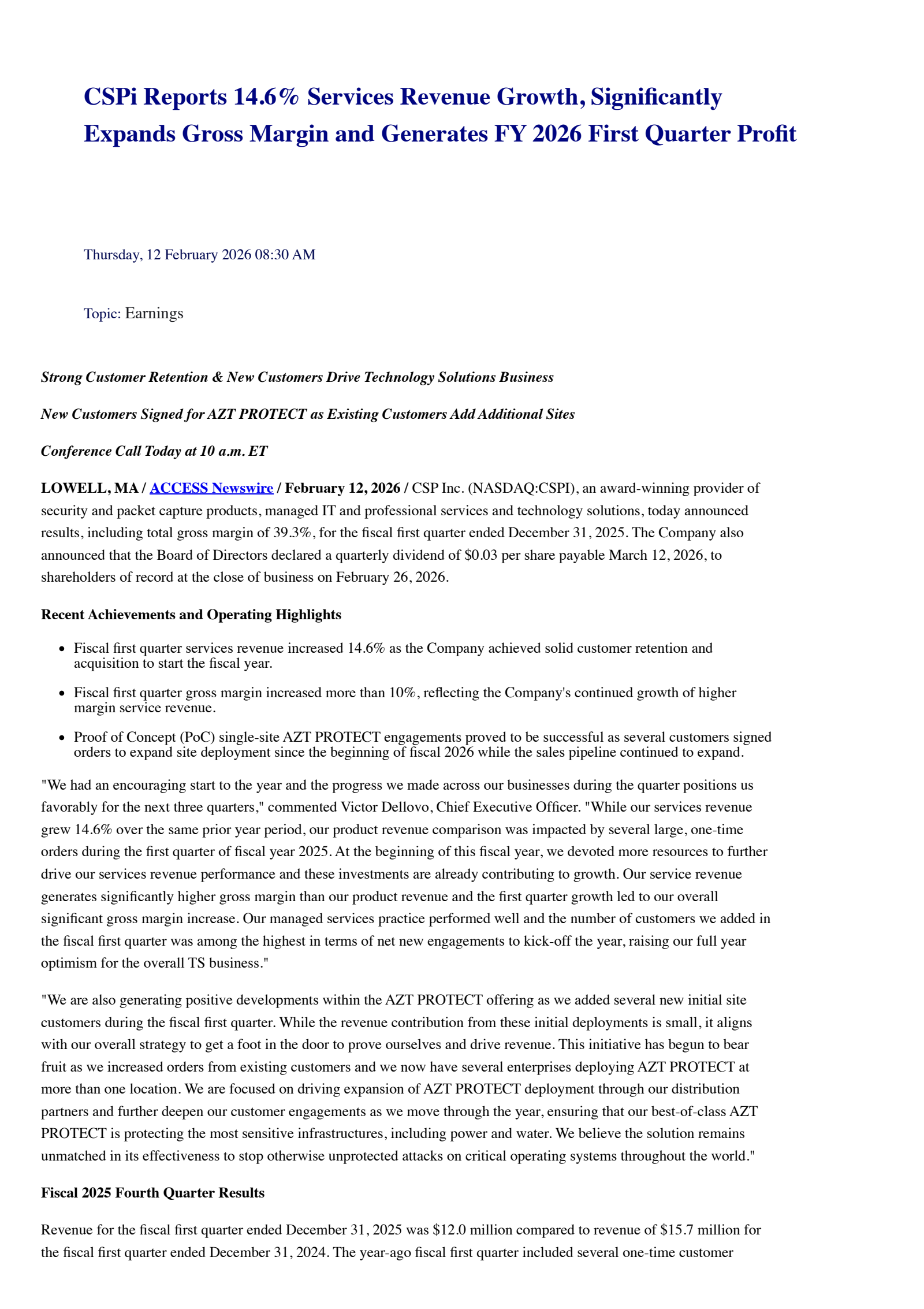 CSP's Q1 2026 Press Release
