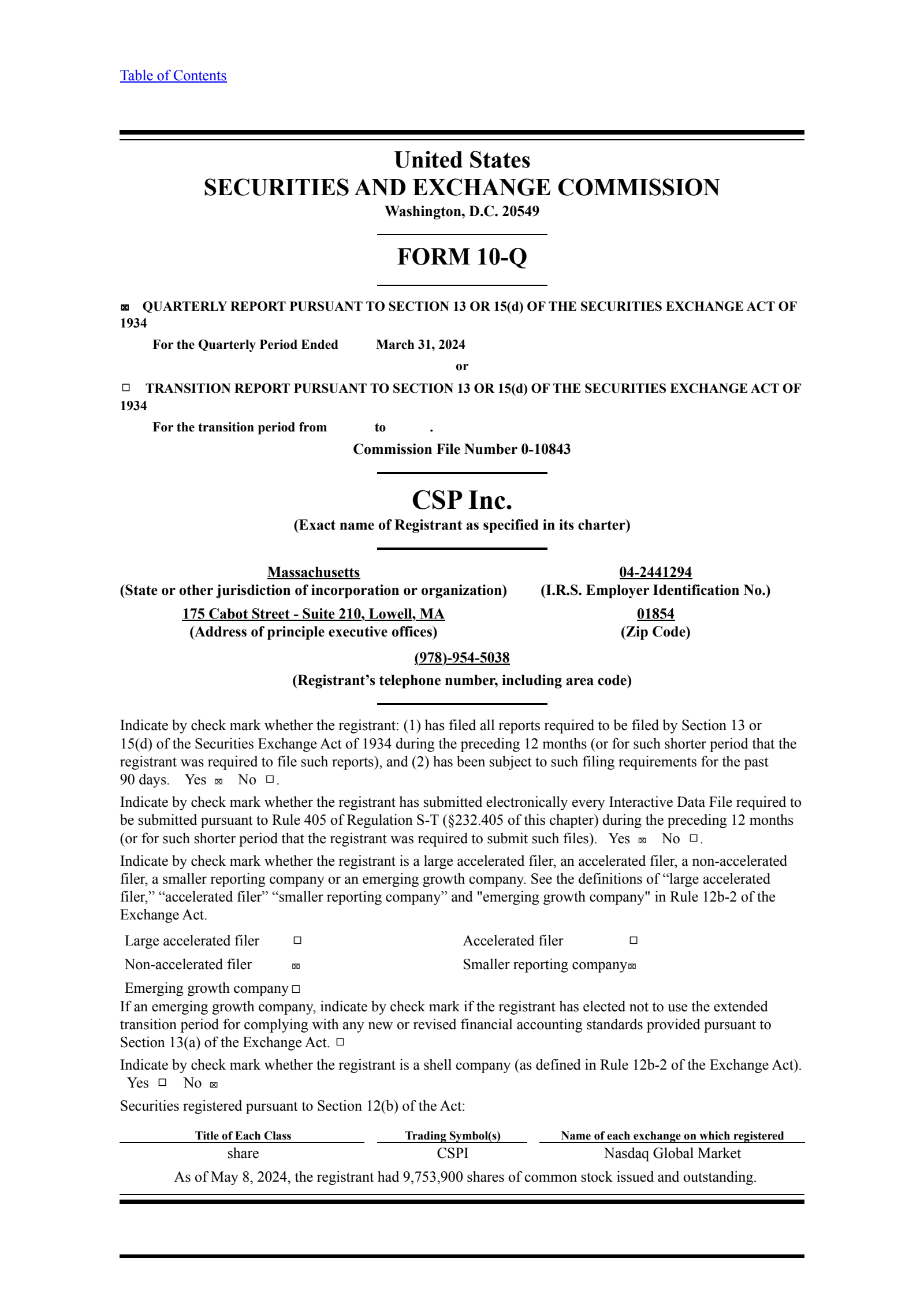 CSP's Q2 2024 Quarterly report