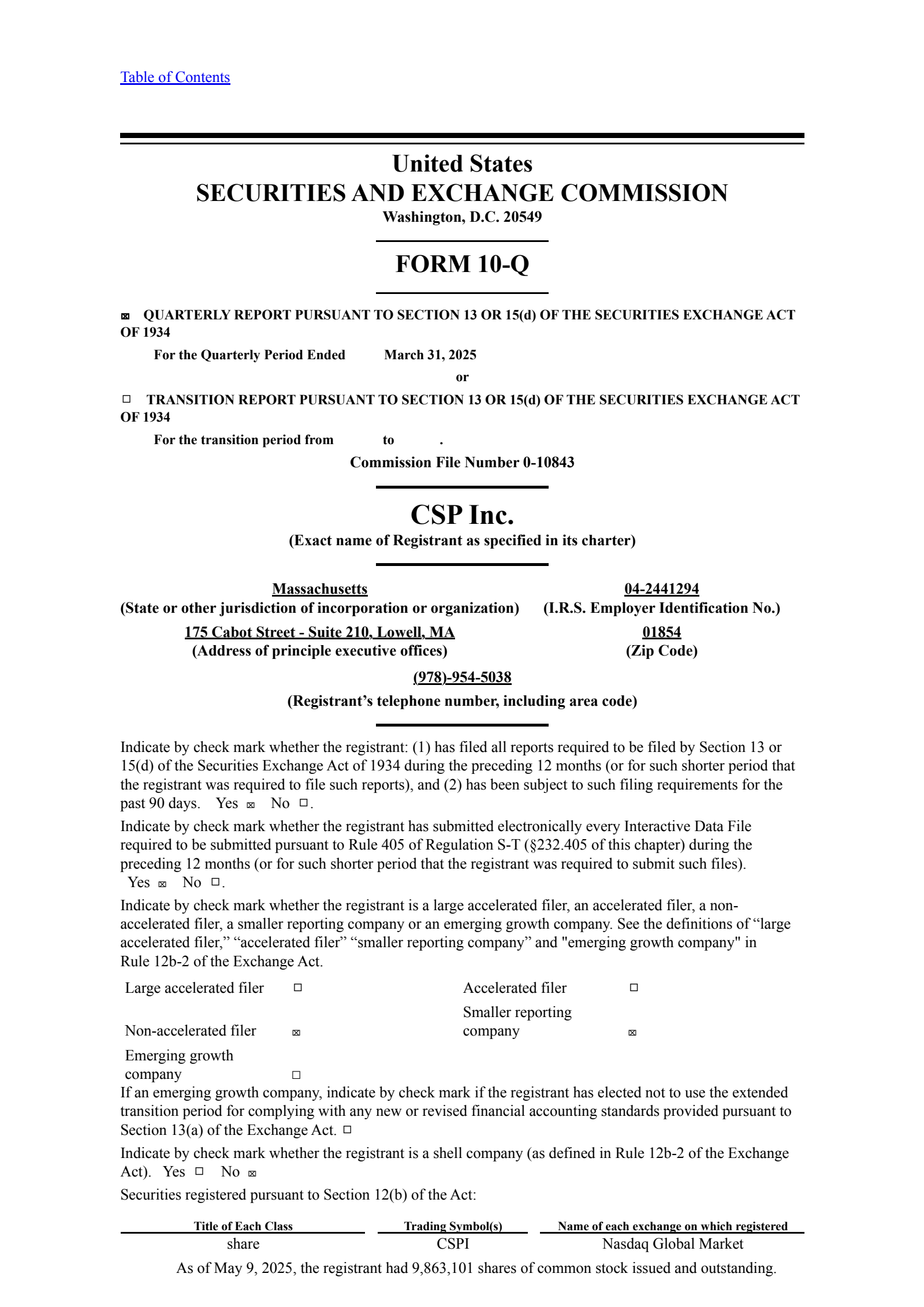 CSP's Q2 2025 Quarterly report