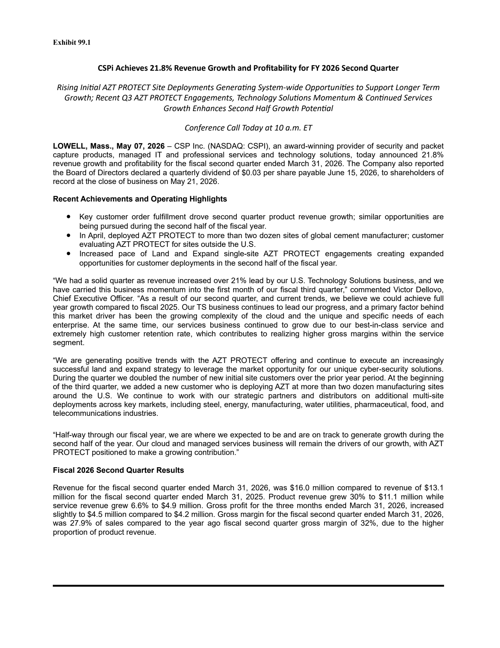 CSP's Q2 2026 Press Release