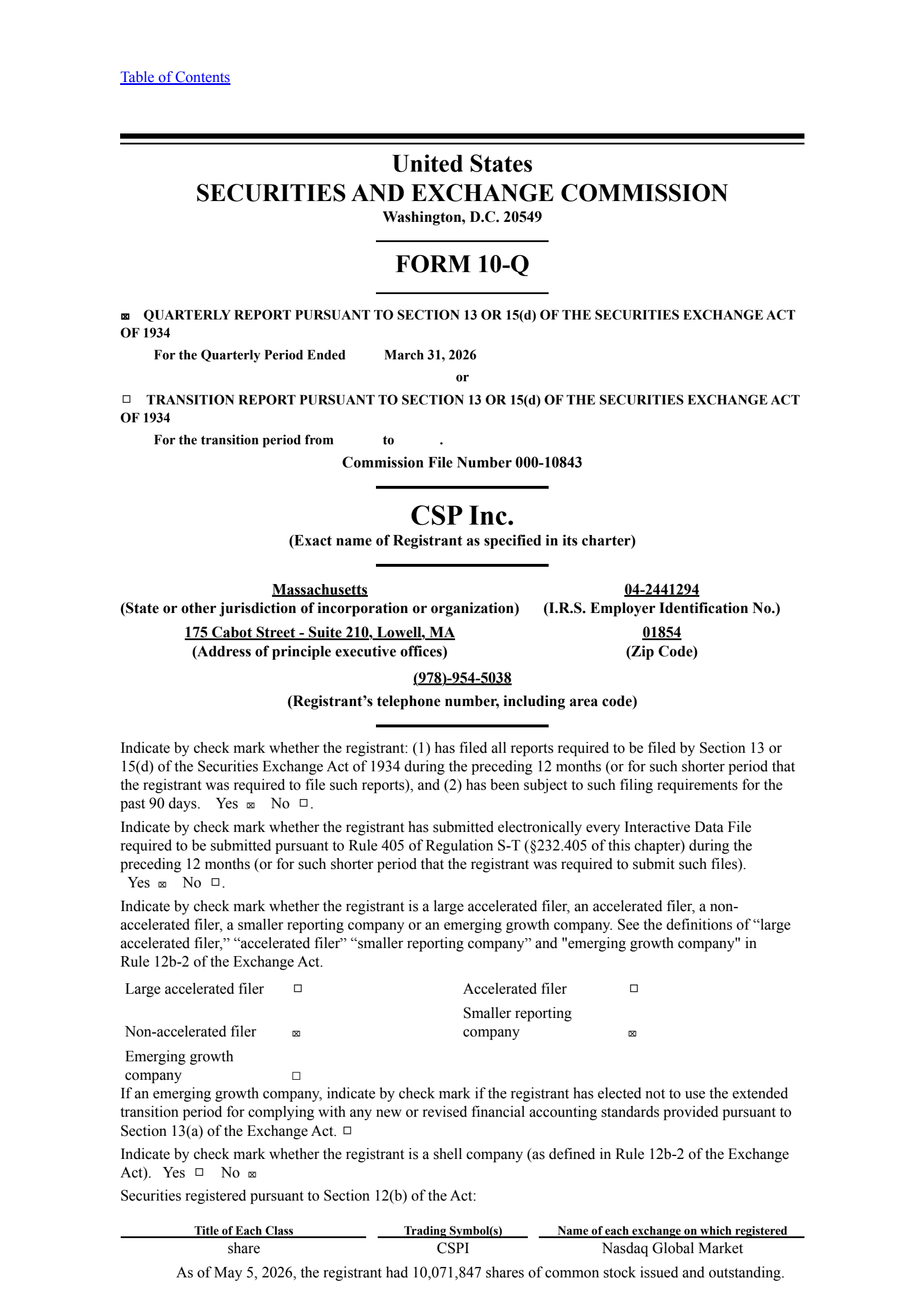 CSP's Q2 2026 Quarterly report
