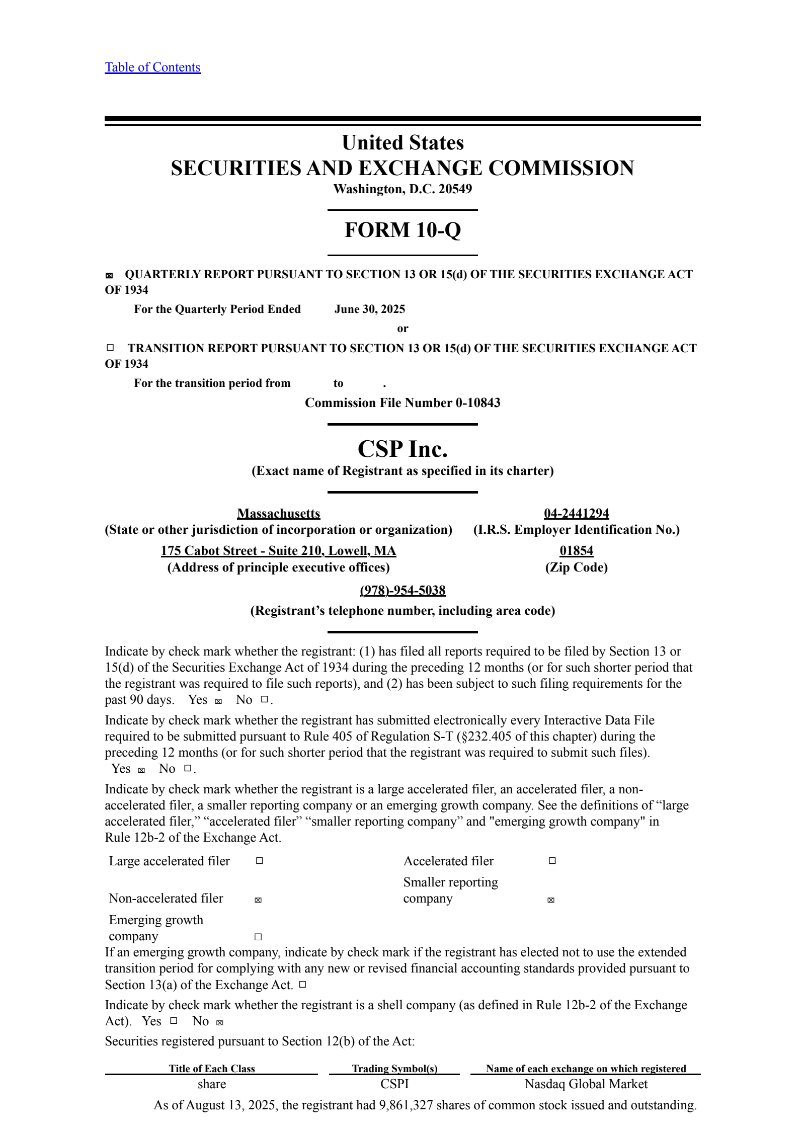 CSP's Q3 2025 Quarterly report