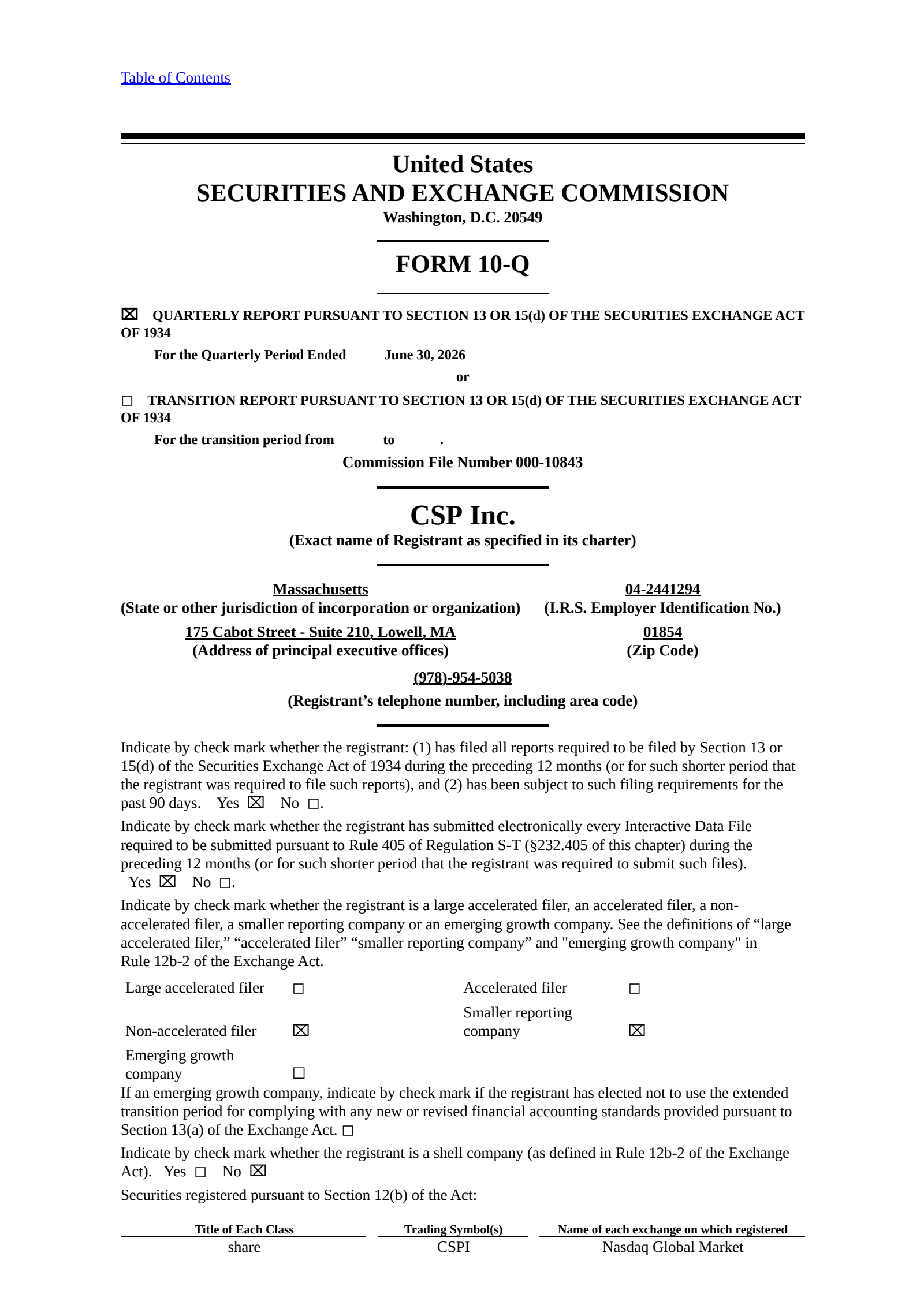 CSP's Q3 2026 Quarterly report