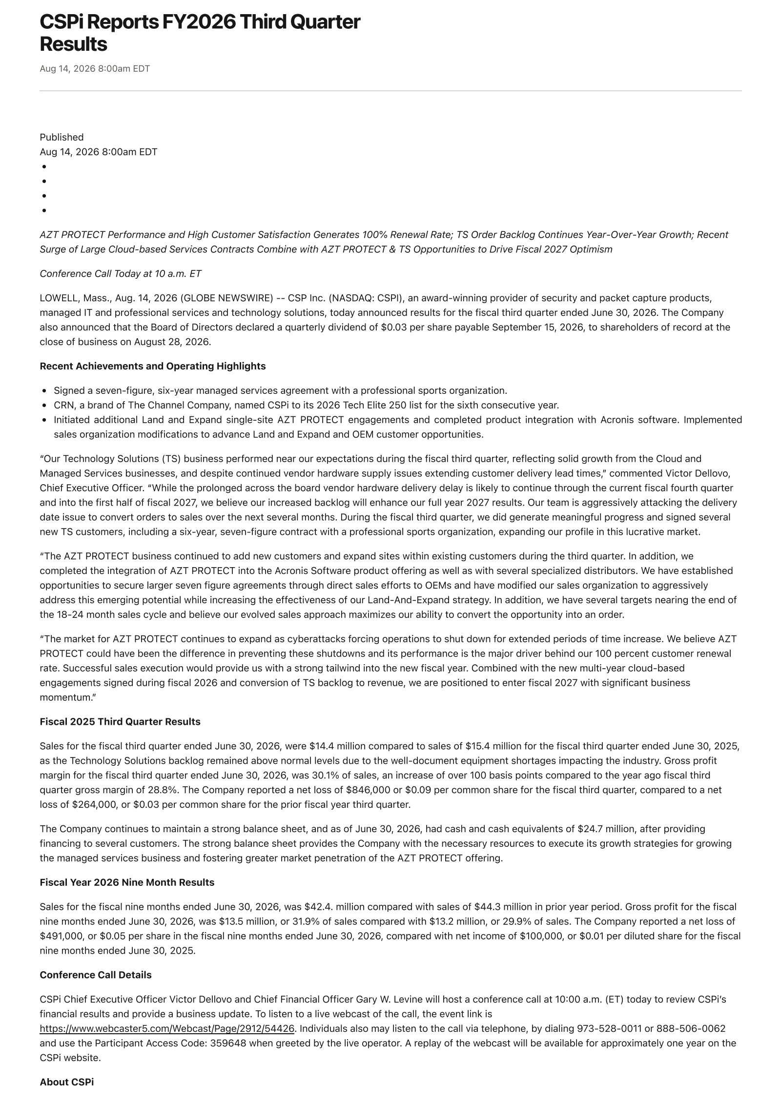 CSP's Q3 2026 Press Release