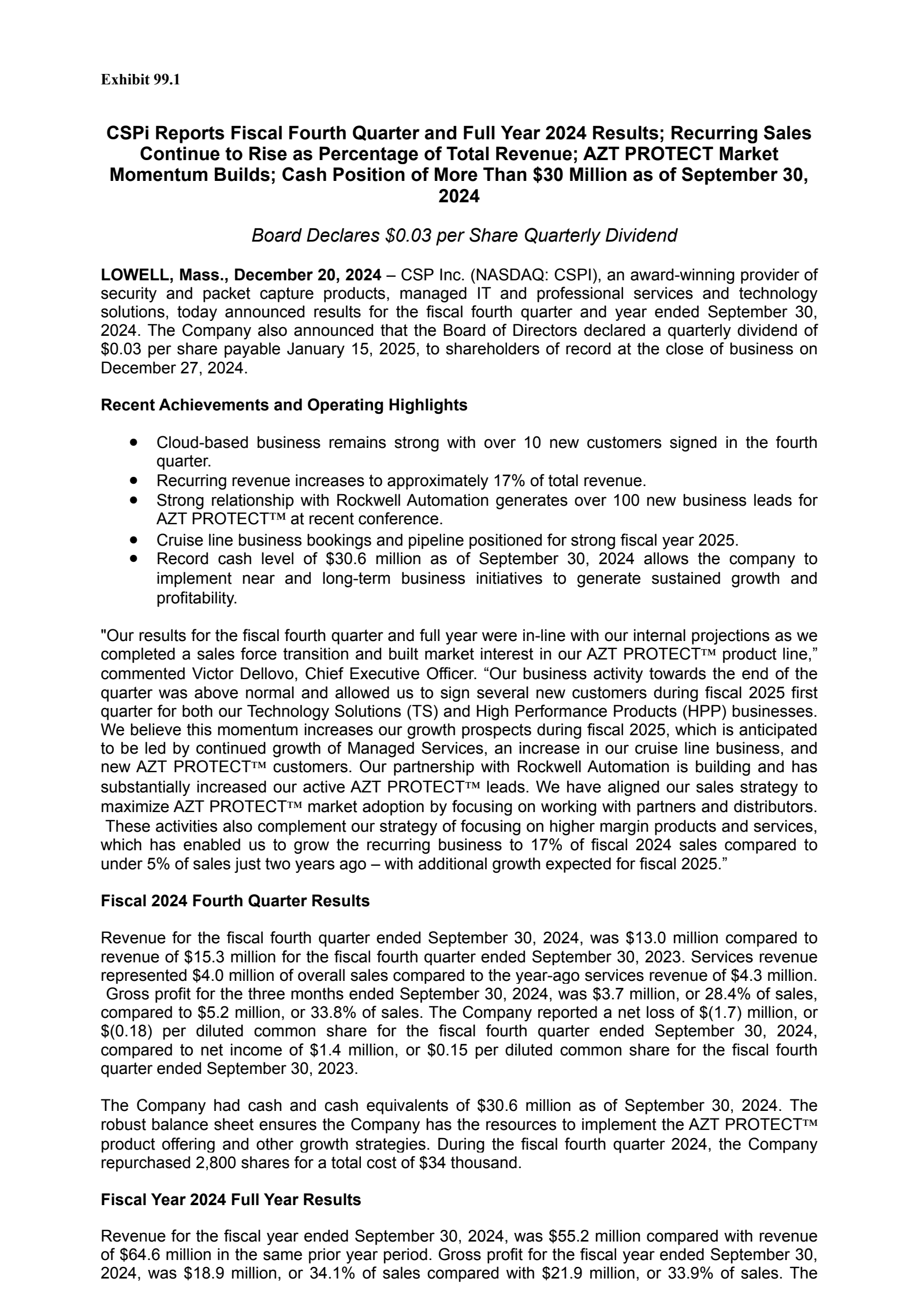 CSP's Q4 2024 Press Release