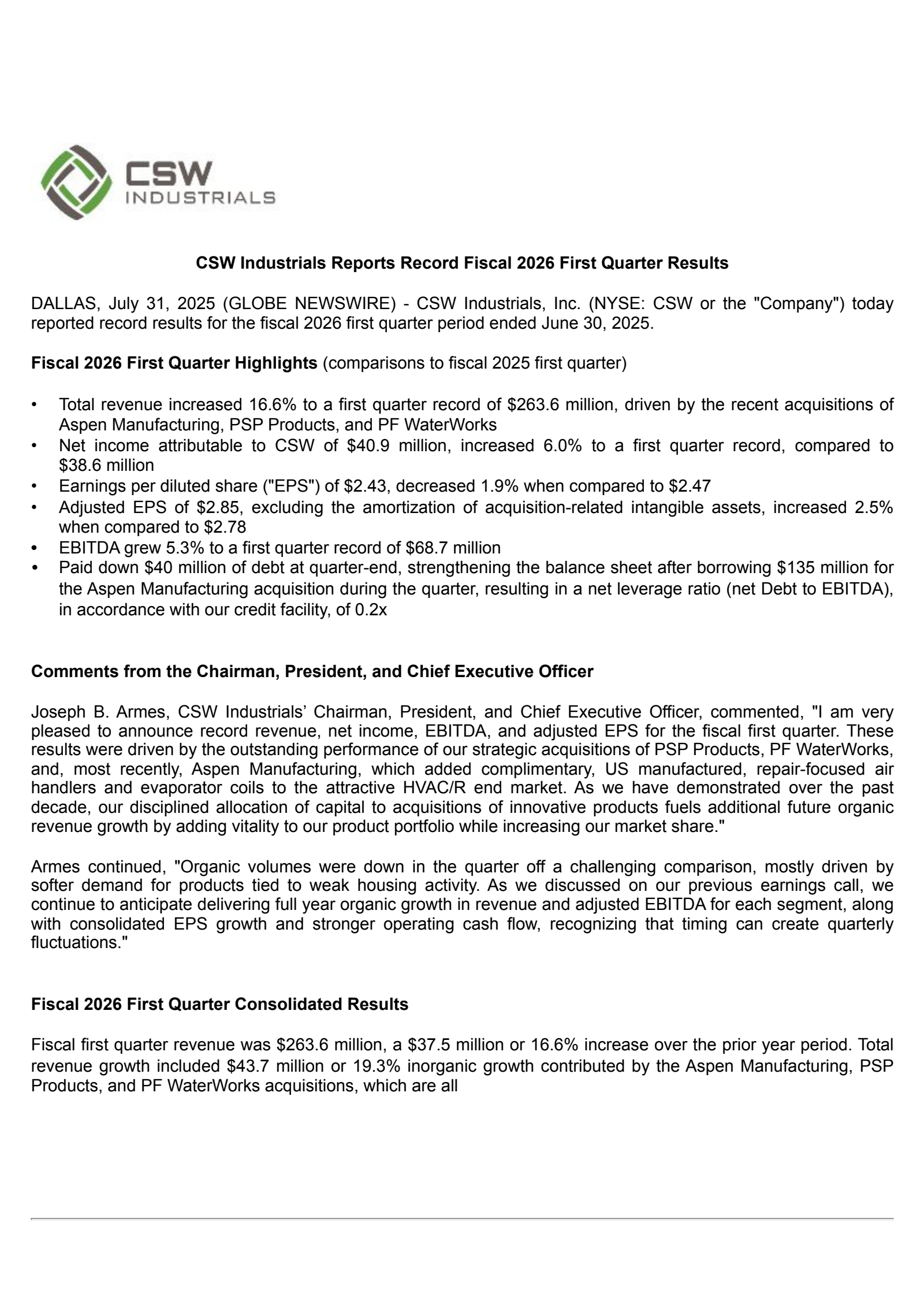 CSW Industrials' Q1 2026 Press Release