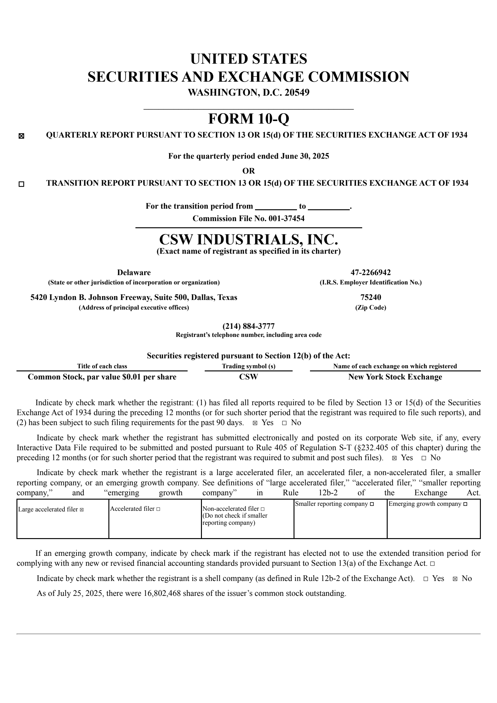 CSW Industrials' Q1 2026 Quarterly report