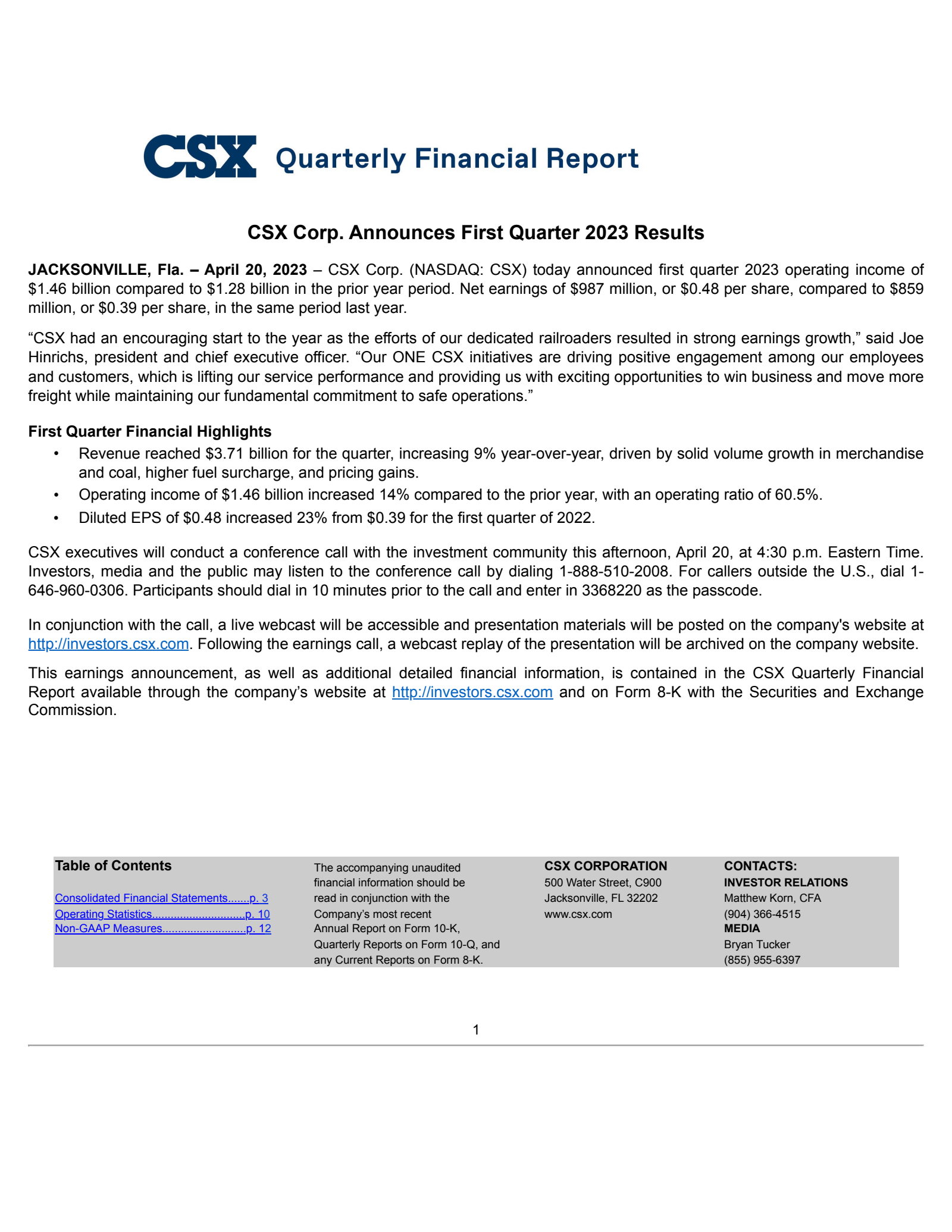CSX's Q1 2023 Earnings Release