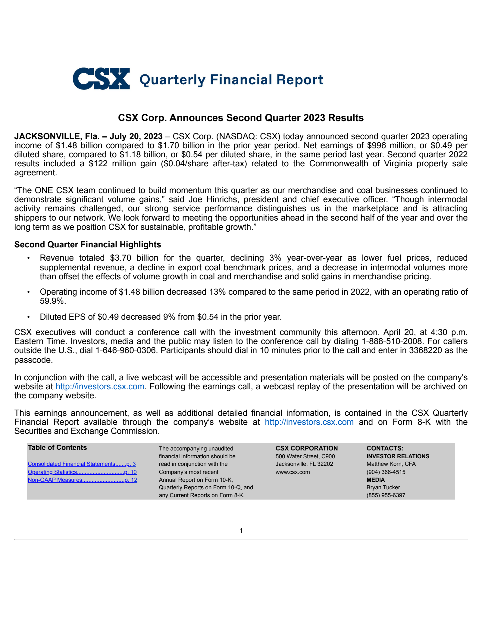 CSX's Q2 2023 Earnings Release