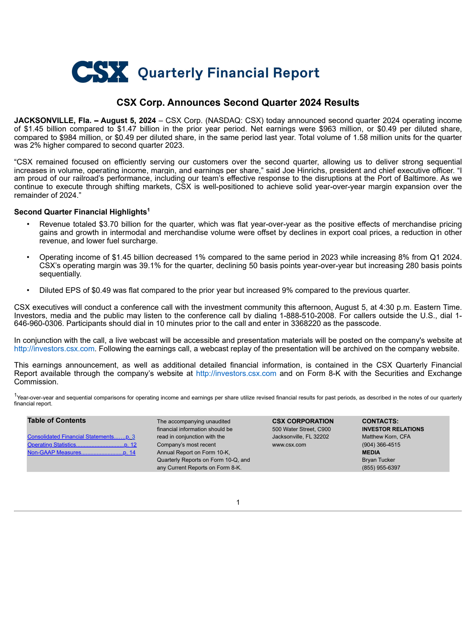 CSX's Q2 2024 Earnings Release