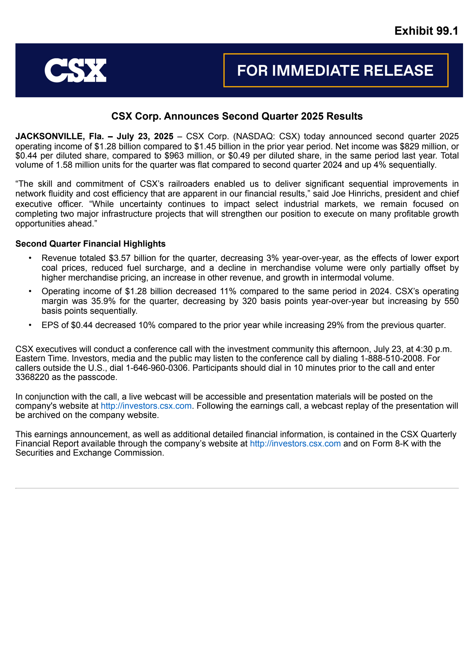 CSX's Q2 2025 Press Release