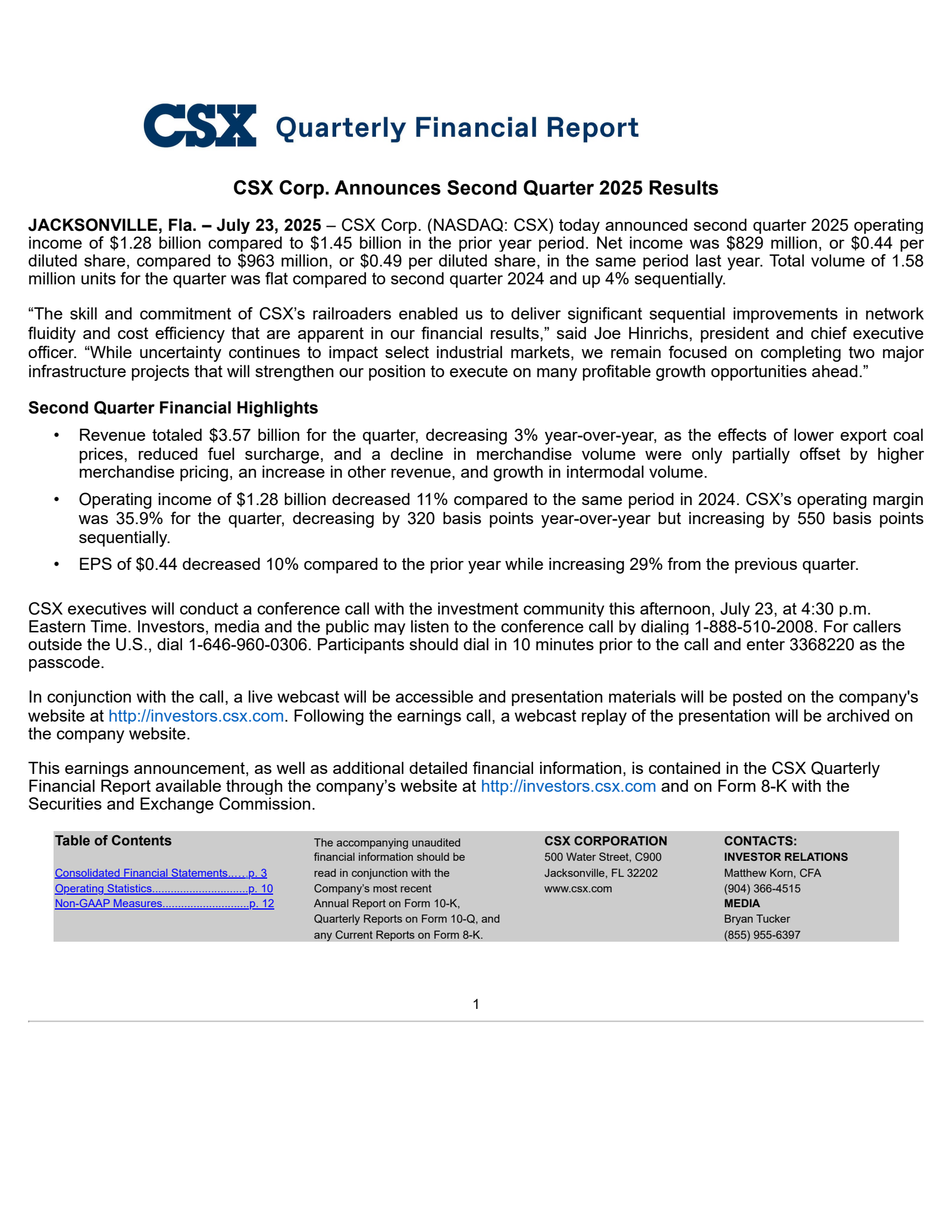 CSX's Q2 2025 Earnings Release