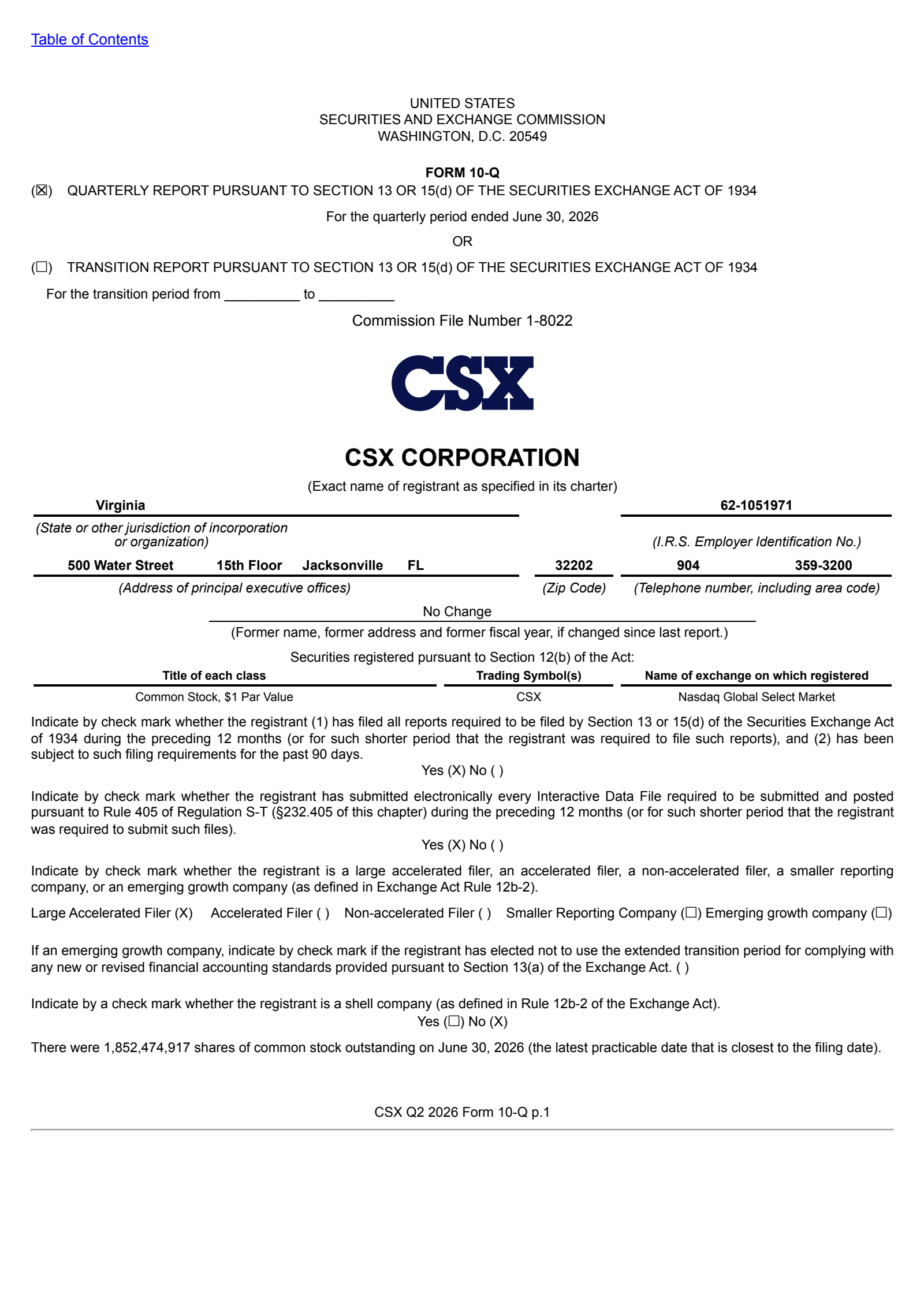 CSX's Q2 2026 Quarterly report