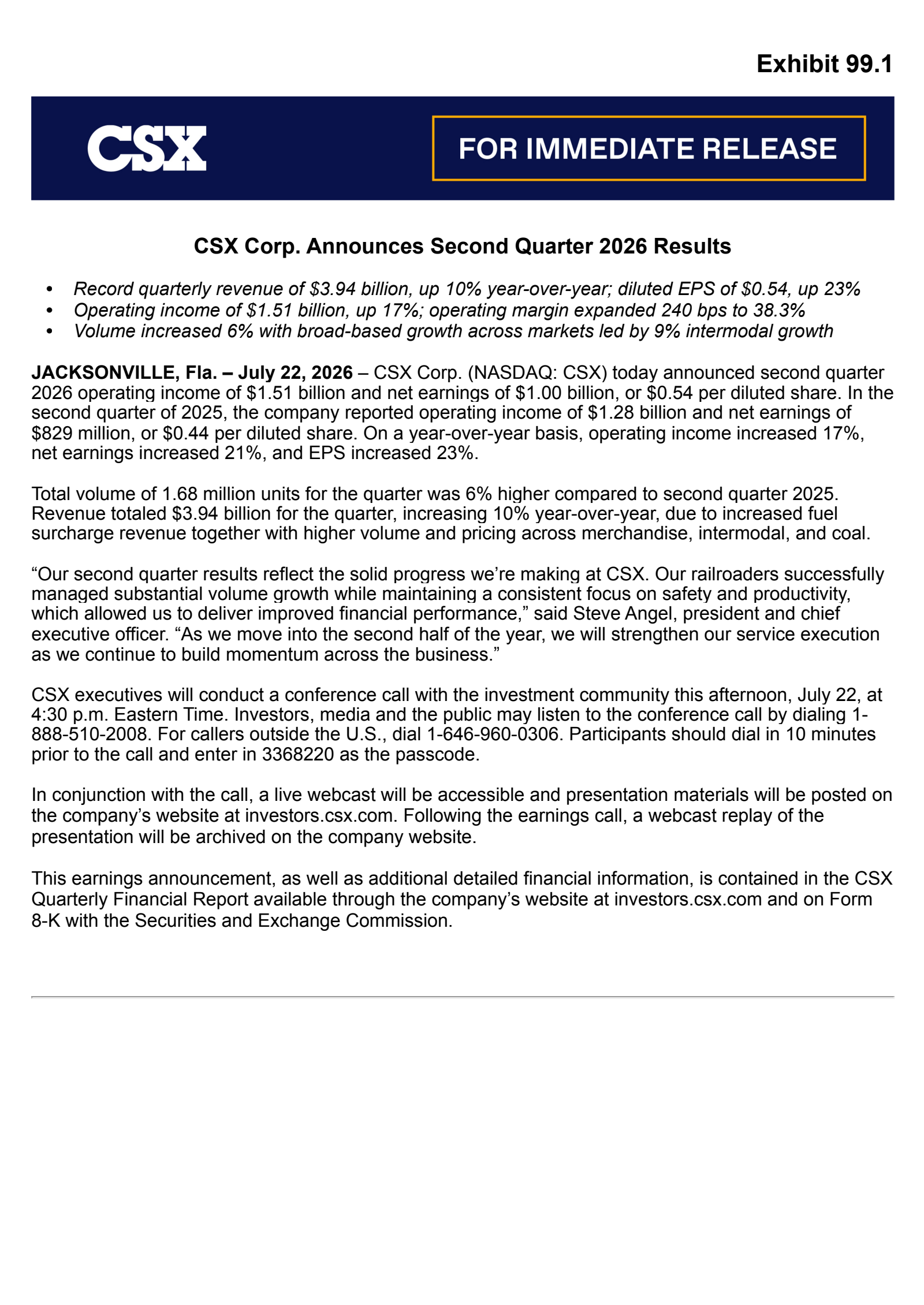 CSX's Q2 2026 Press Release