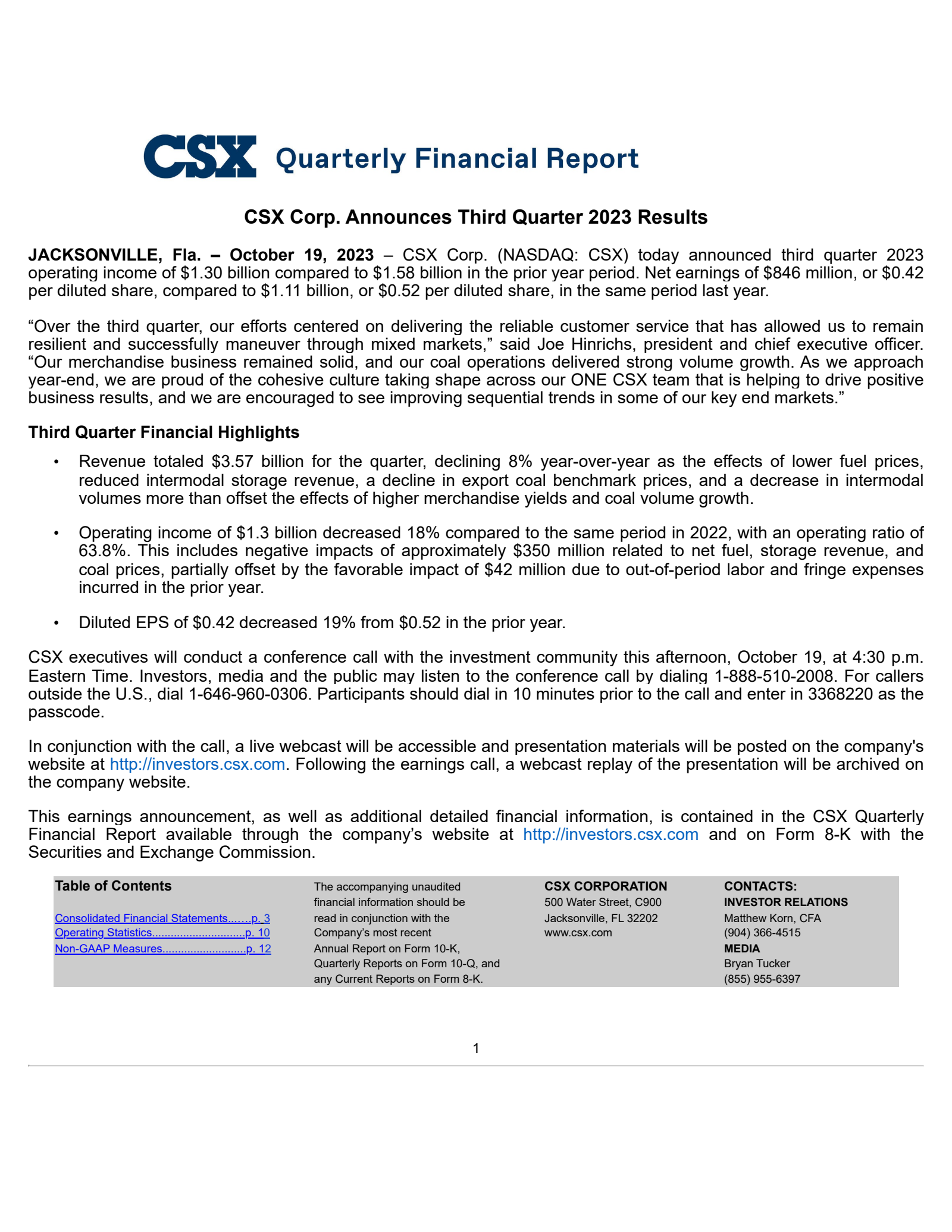 CSX's Q3 2023 Earnings Release