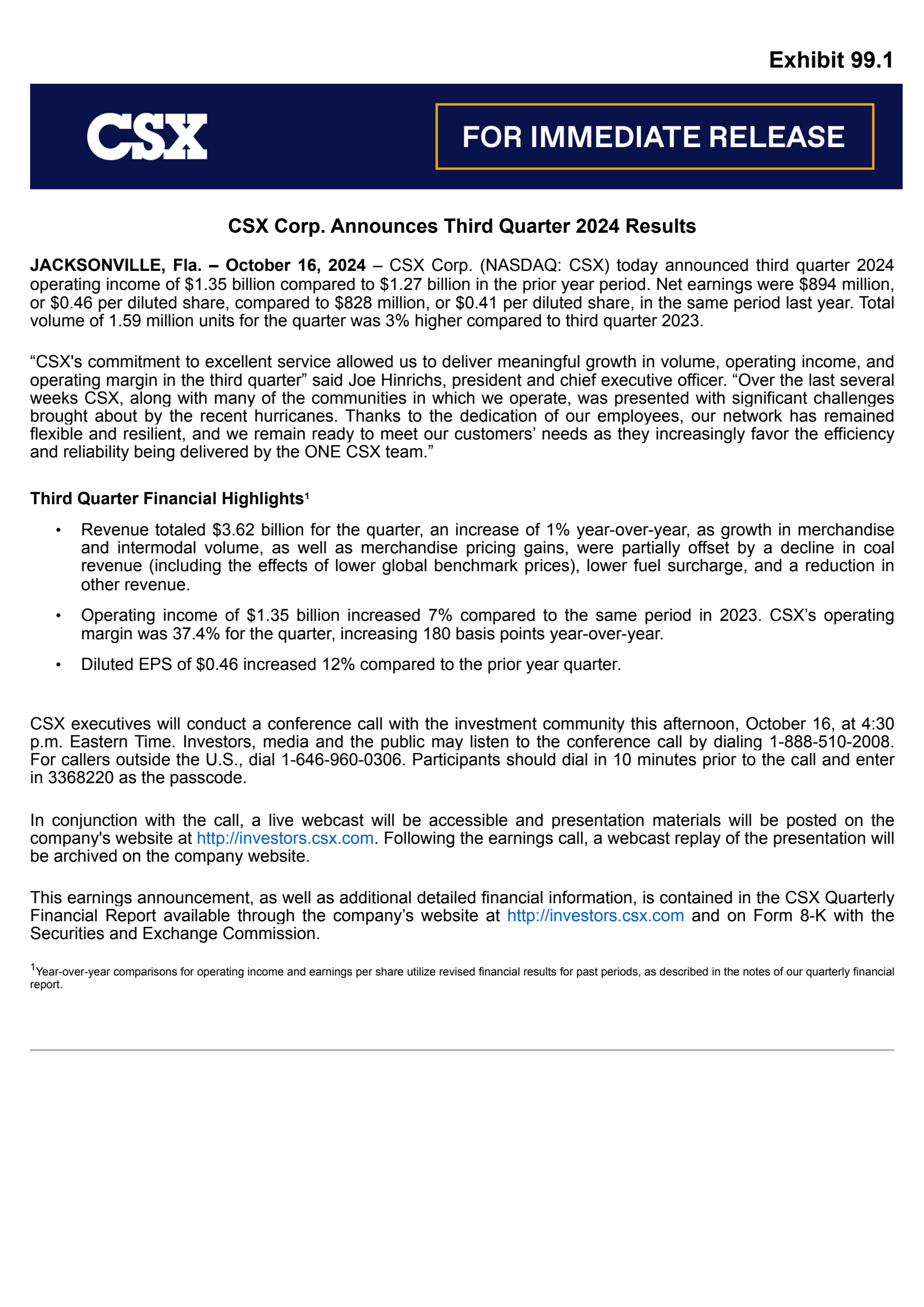 CSX's Q3 2024 Press Release