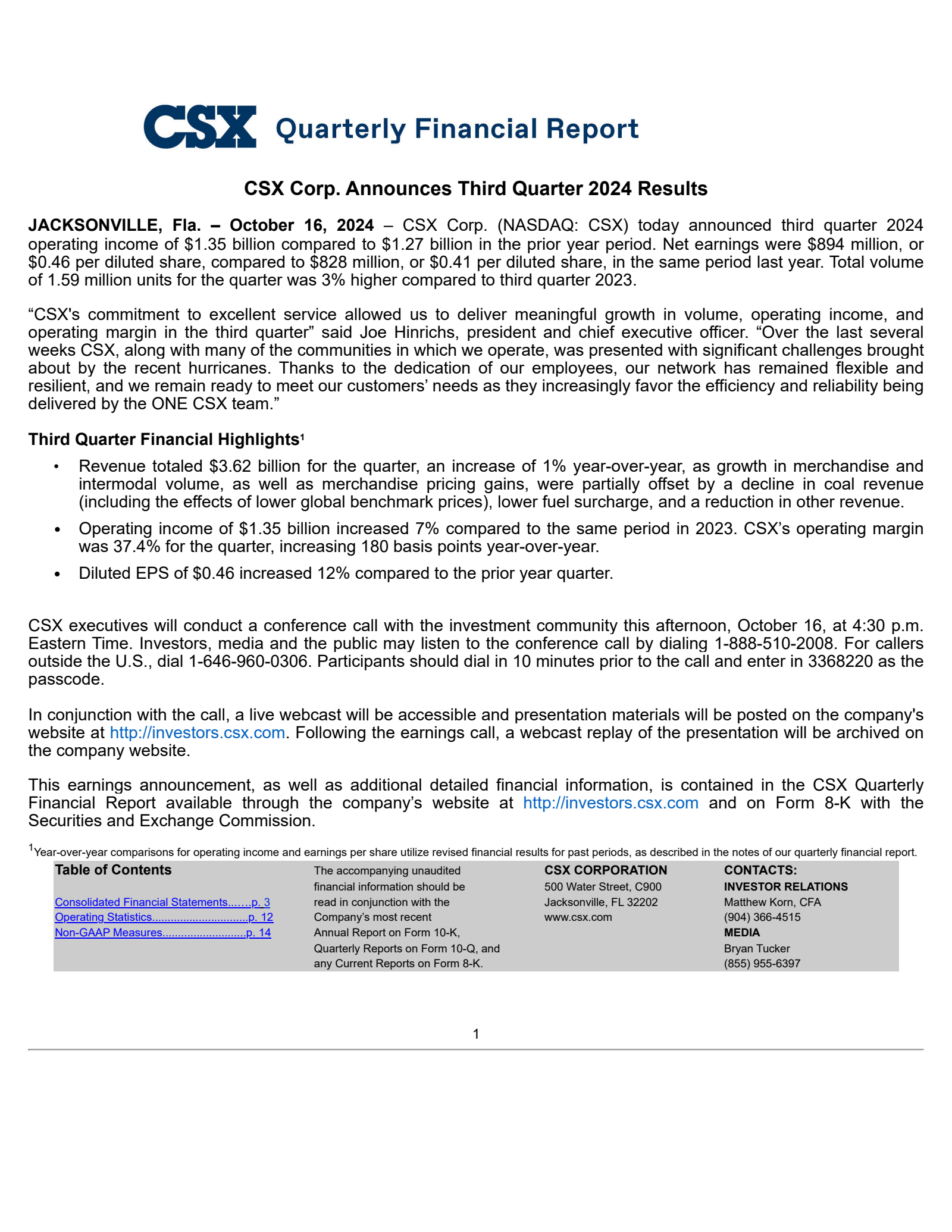 CSX's Q3 2024 Earnings Release