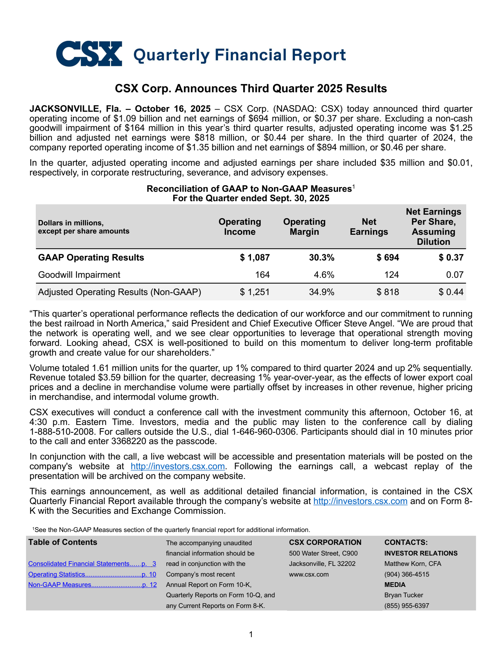 CSX's Q3 2025 Earnings Release