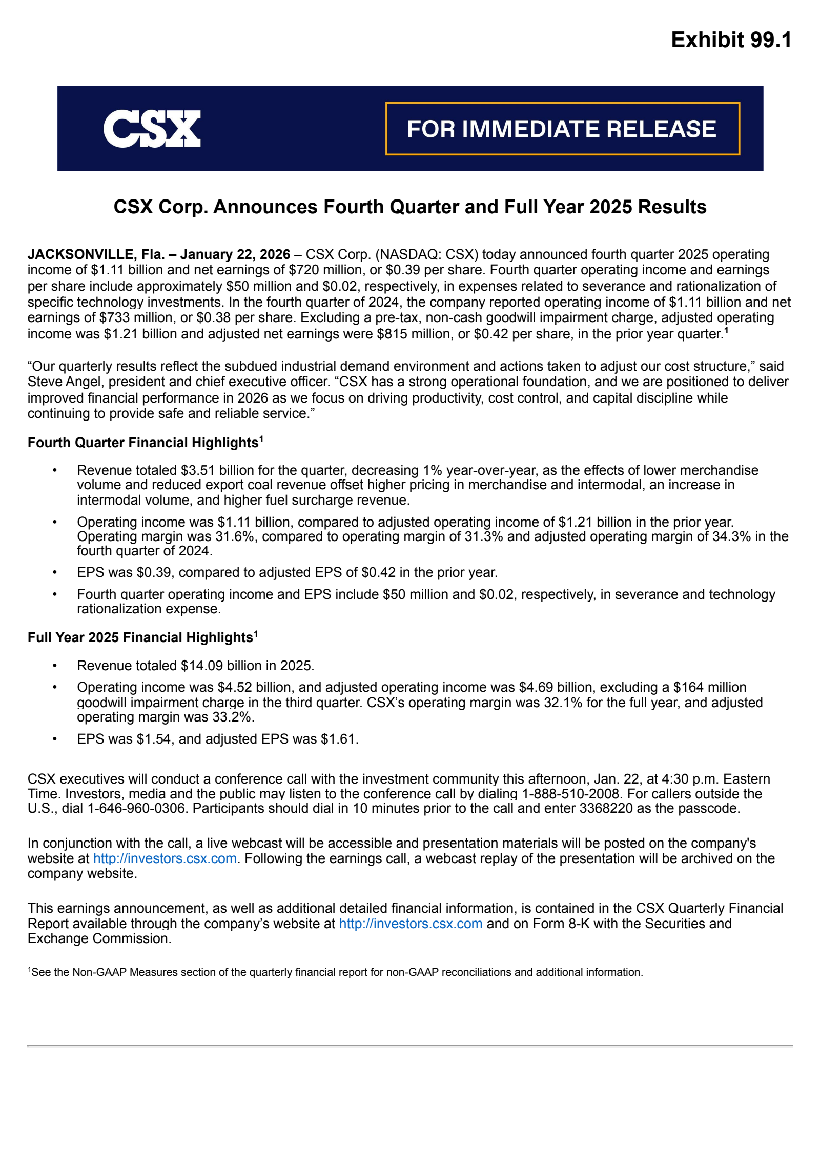 CSX's Q4 2025 Press Release