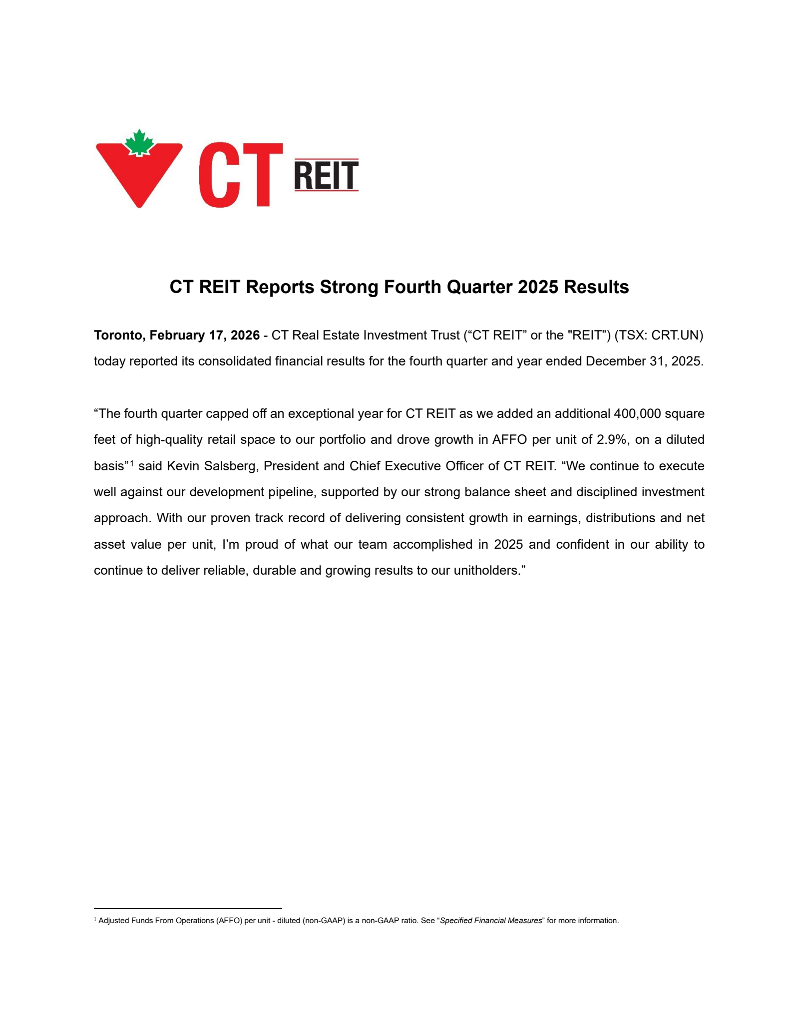 CT Real Estate Investment Trust's Q4 2025 Press Release