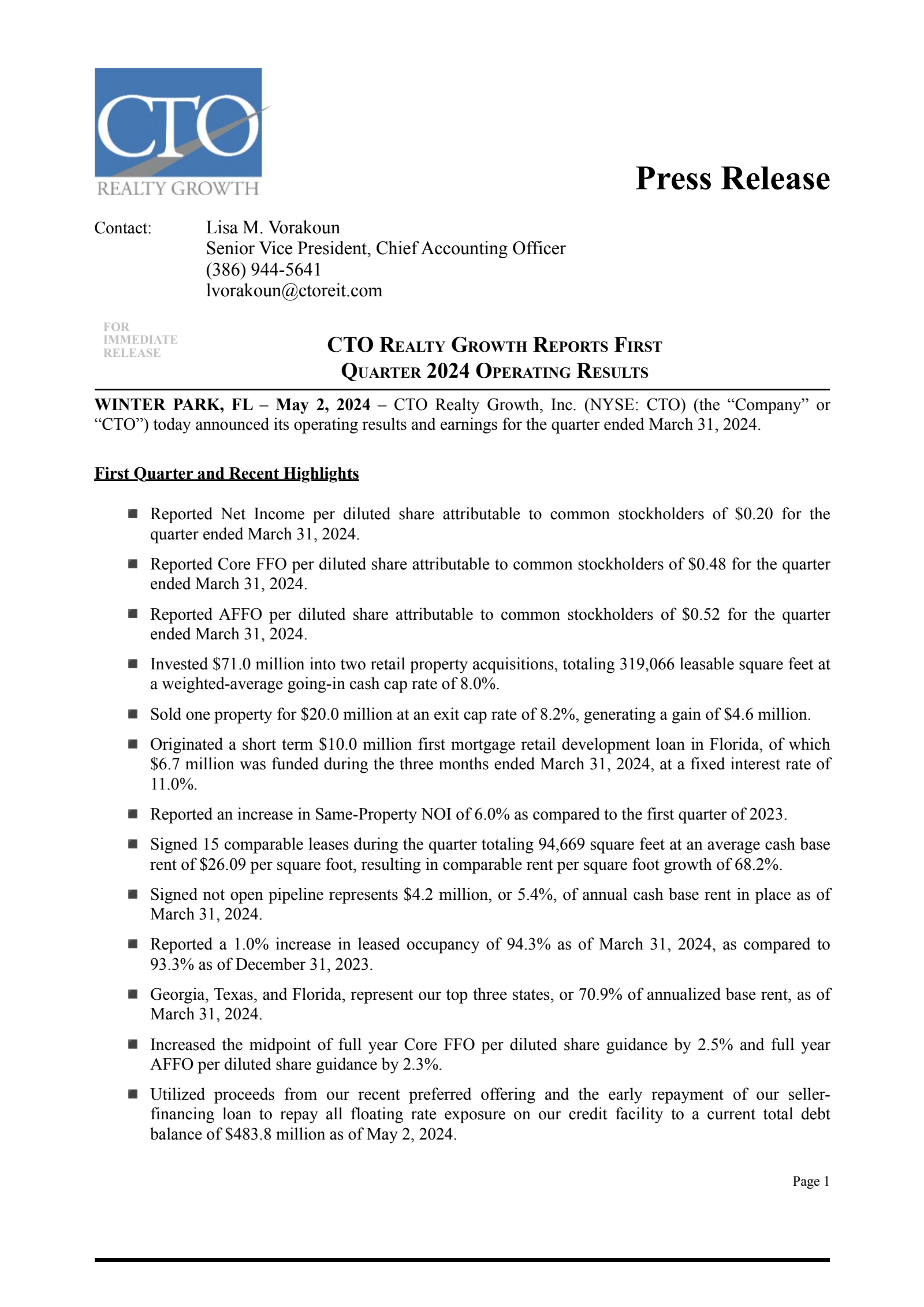 CTO Realty Growth's Q1 2024 Press Release