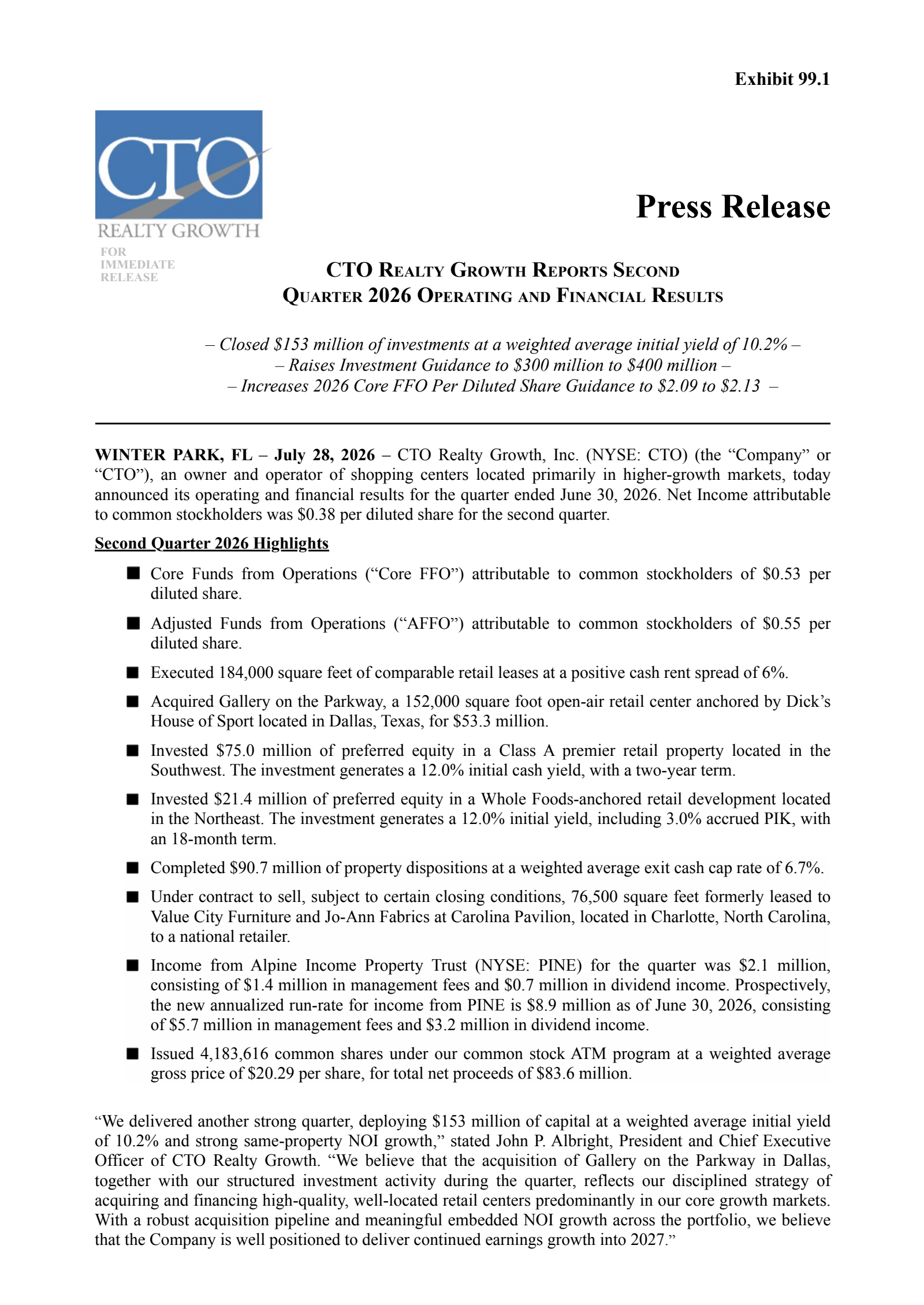 CTO Realty Growth's Q2 2026 Press Release